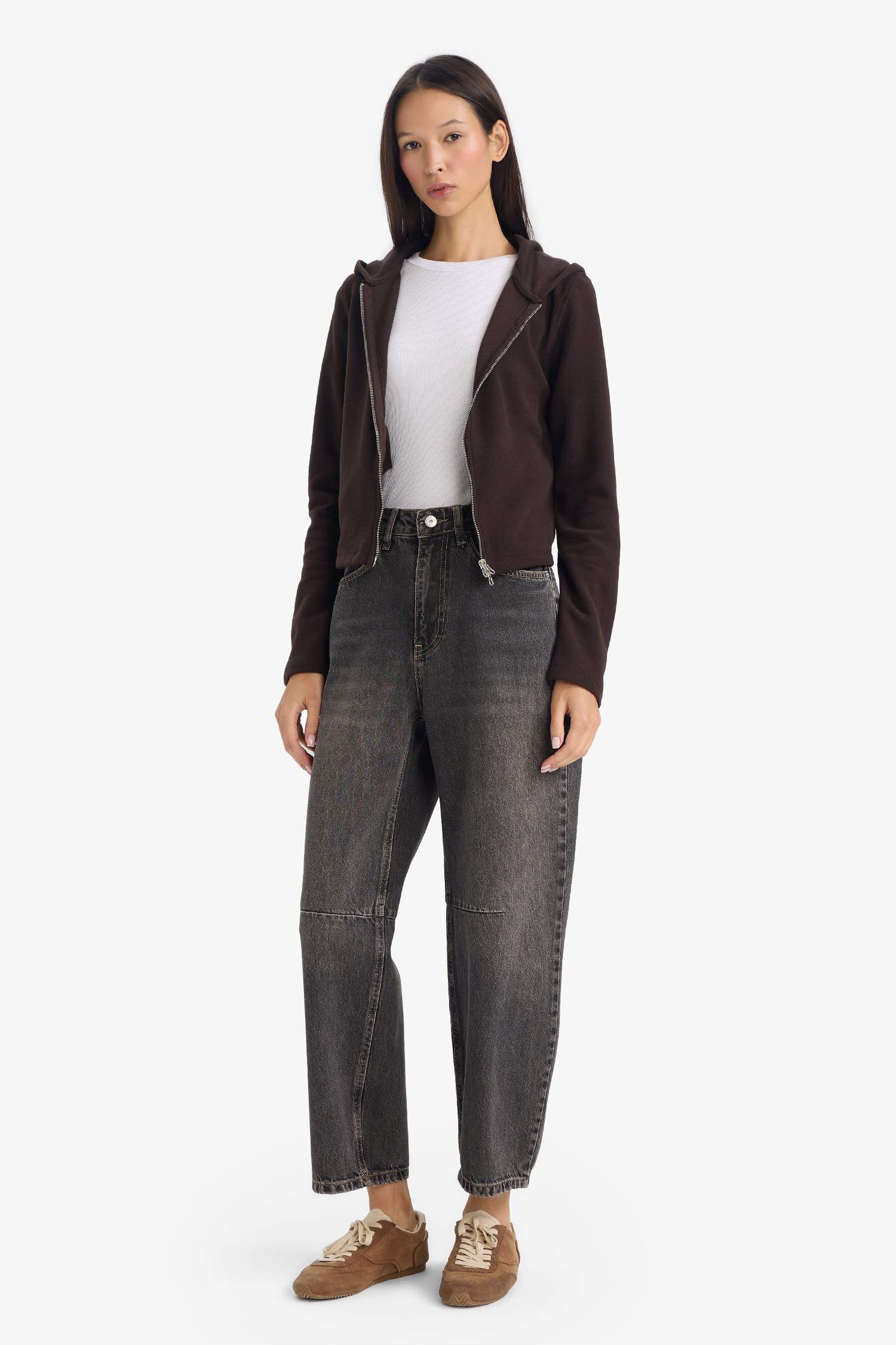 Slim Fit Dar Kesim Kapüşonlu Fermuarlı Sweatshirt