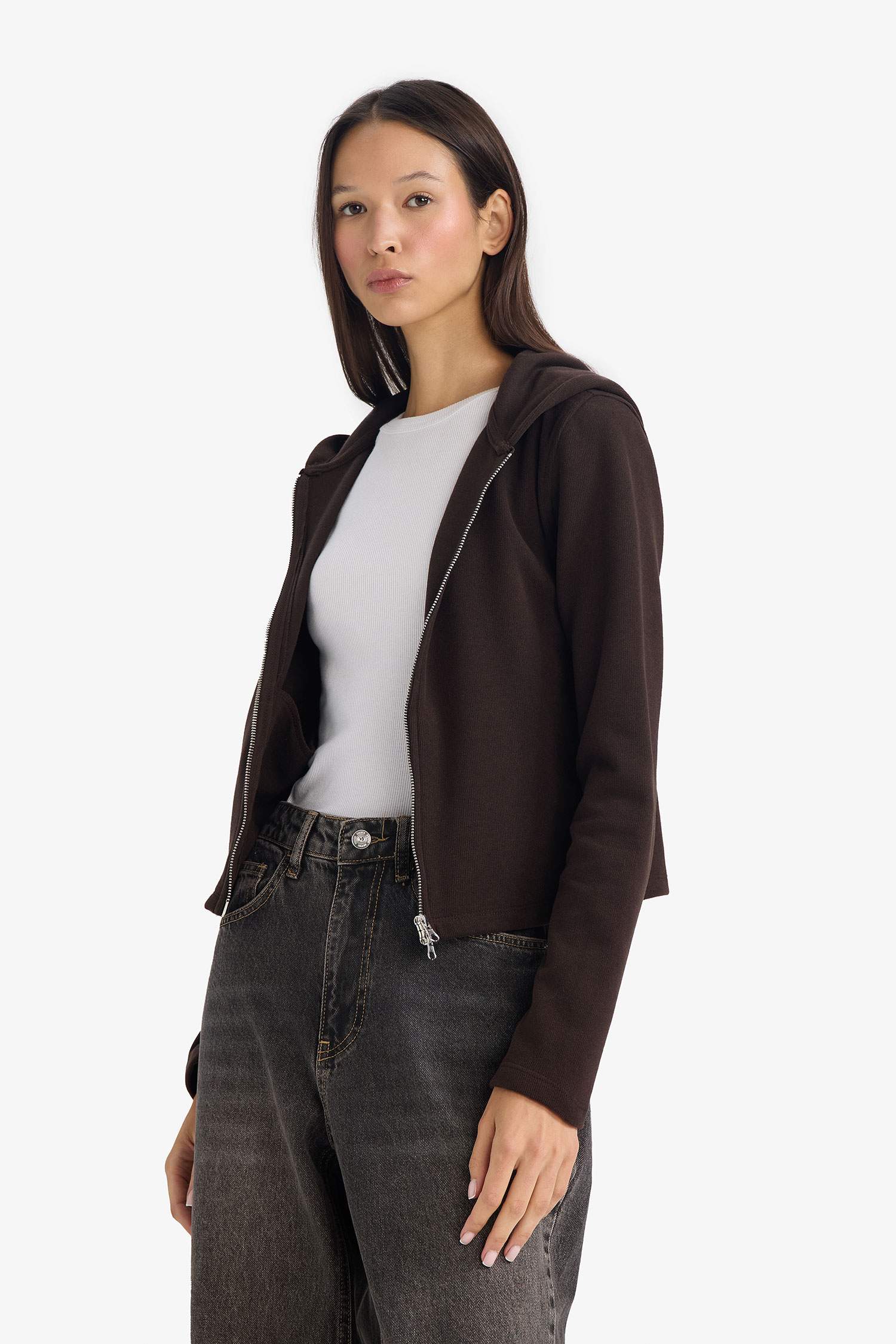 Slim Fit Dar Kesim Kapüşonlu Fermuarlı Sweatshirt