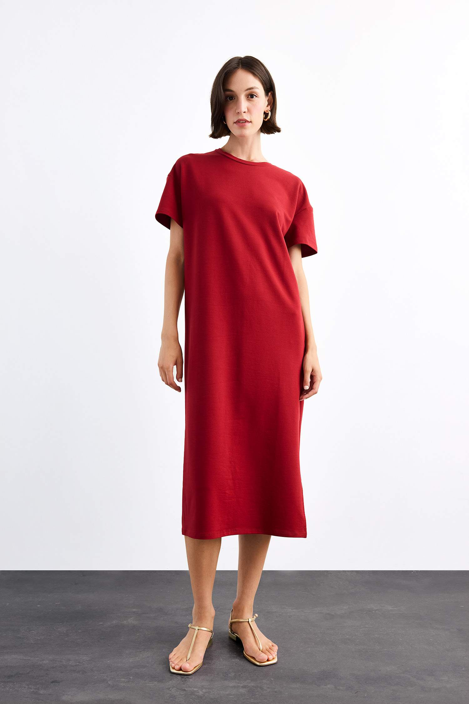 Bisiklet Yaka Basic Düz Kısa Kollu Midi Elbise