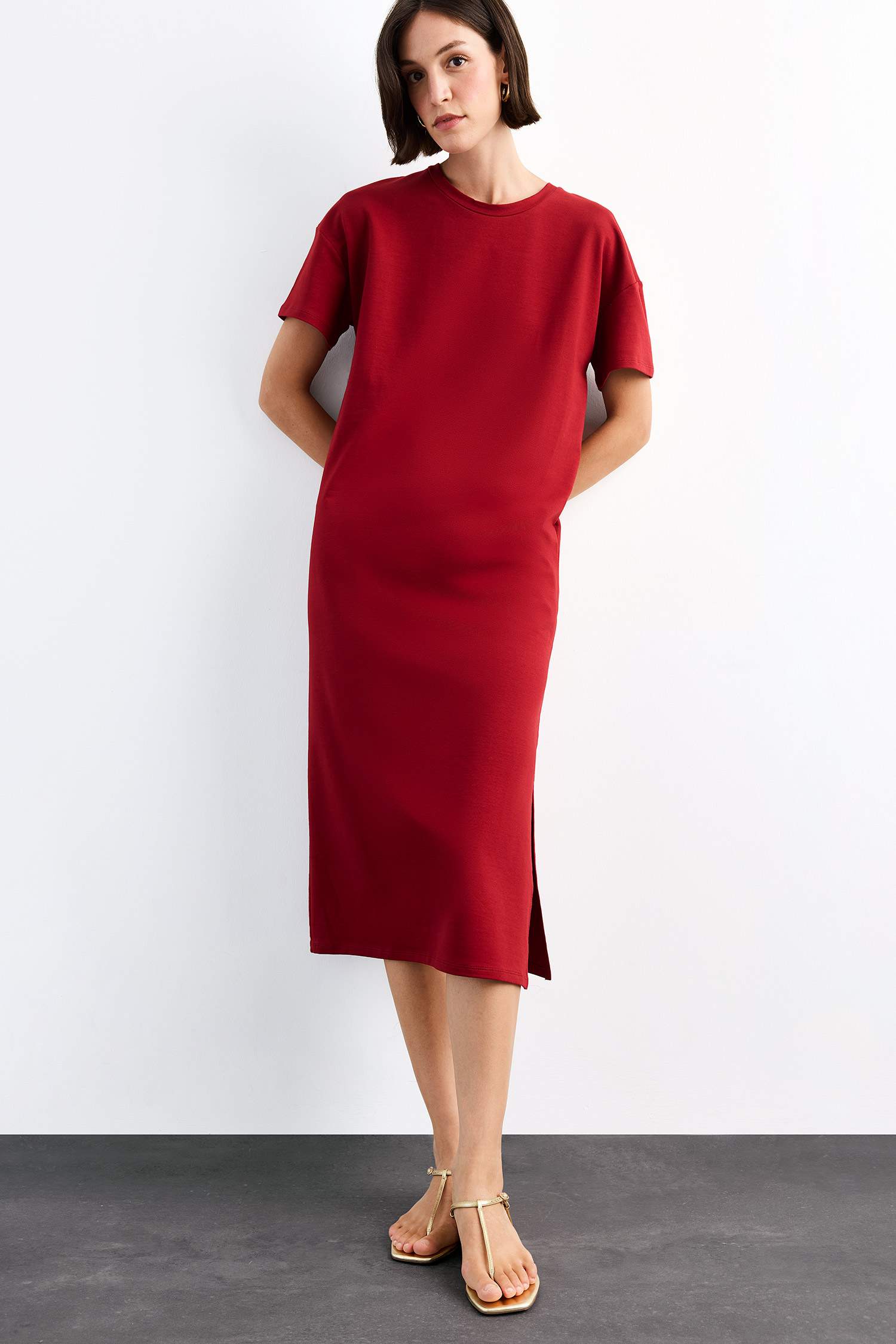 Bisiklet Yaka Basic Düz Kısa Kollu Midi Elbise