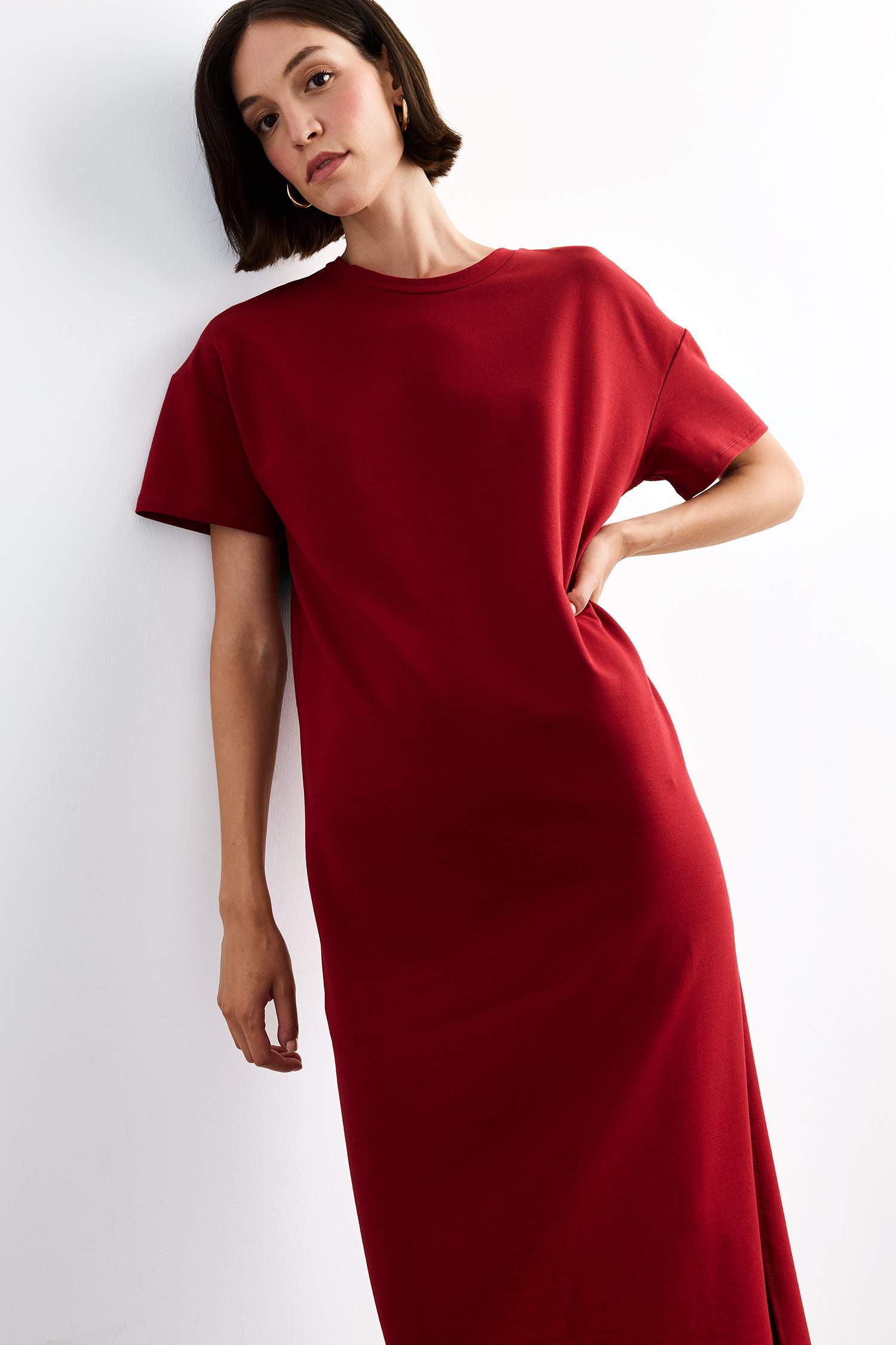 Bisiklet Yaka Basic Düz Kısa Kollu Midi Elbise