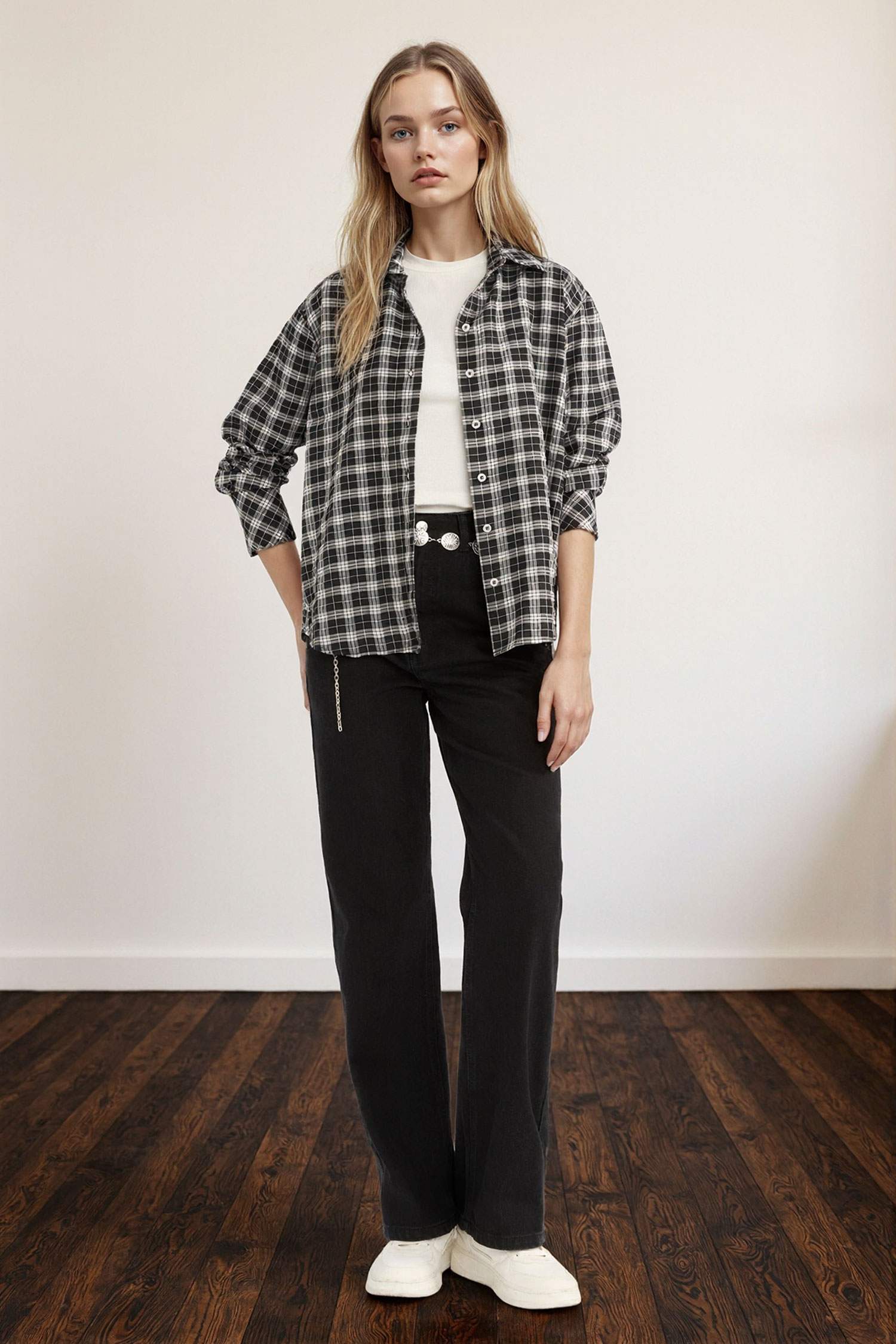 Oversize Fit Shirt Collar Poplin Gingham Long Sleeve Shirt