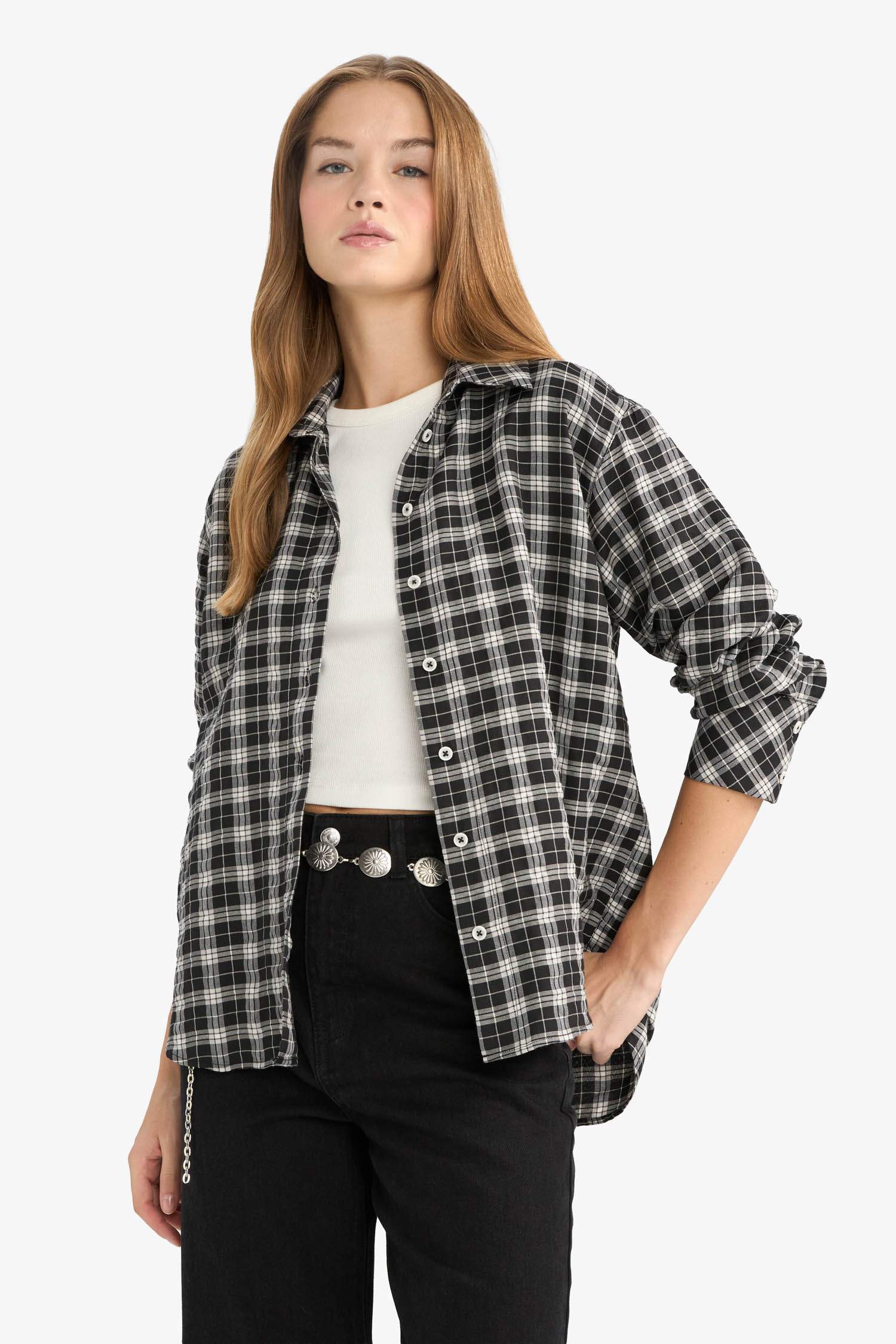 Oversize Fit Shirt Collar Poplin Gingham Long Sleeve Shirt