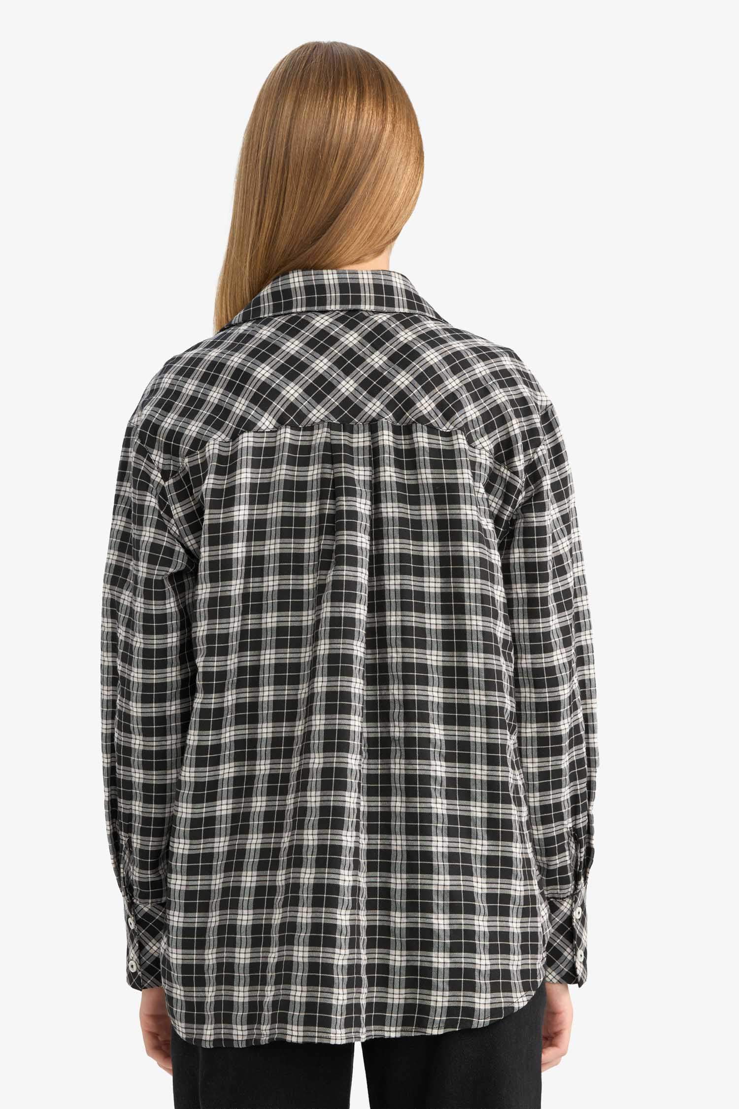 Oversize Fit Shirt Collar Poplin Gingham Long Sleeve Shirt
