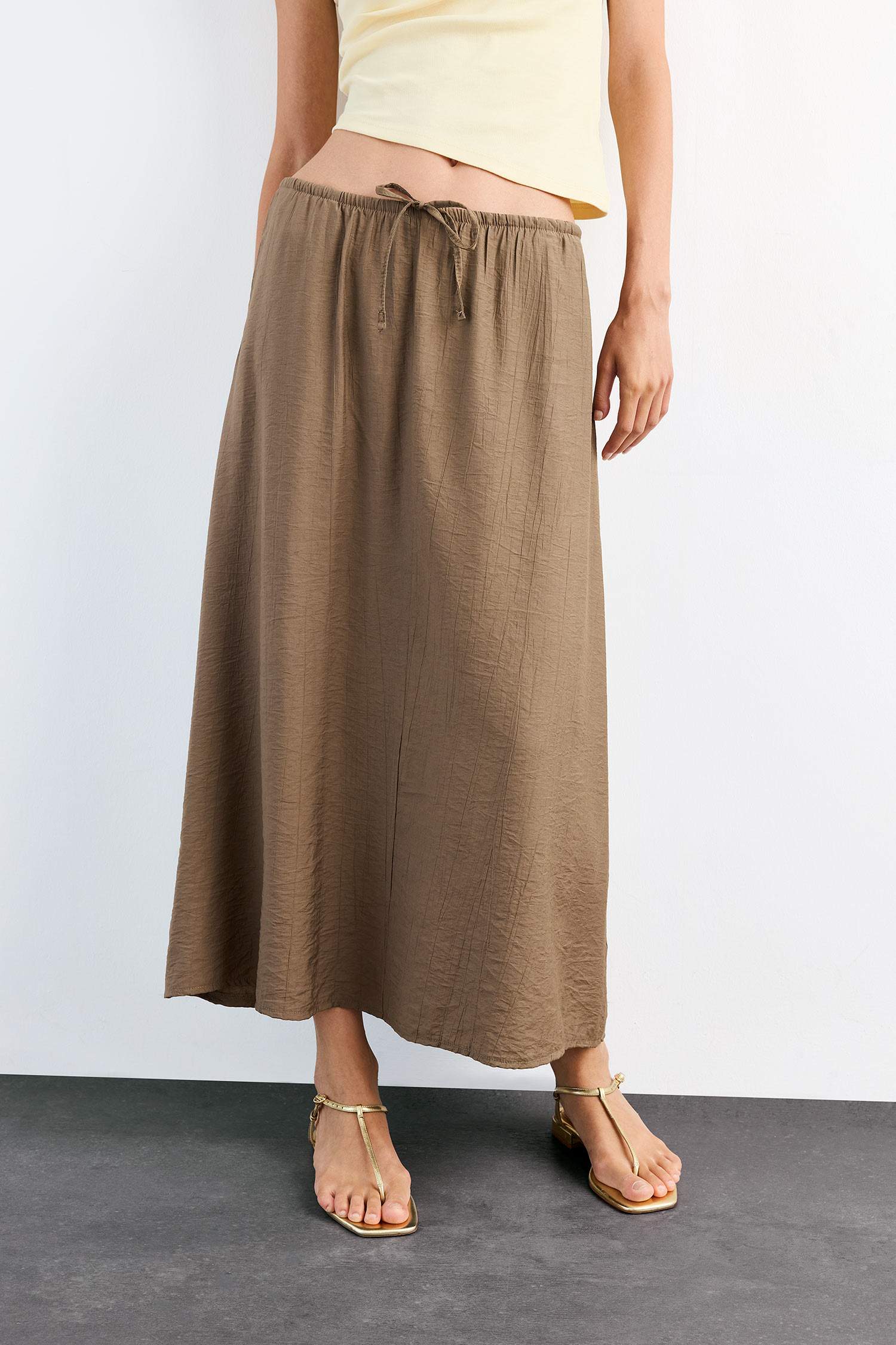 Relax Fit Beli Lastikli Krinkıl Kumaş Midi Etek