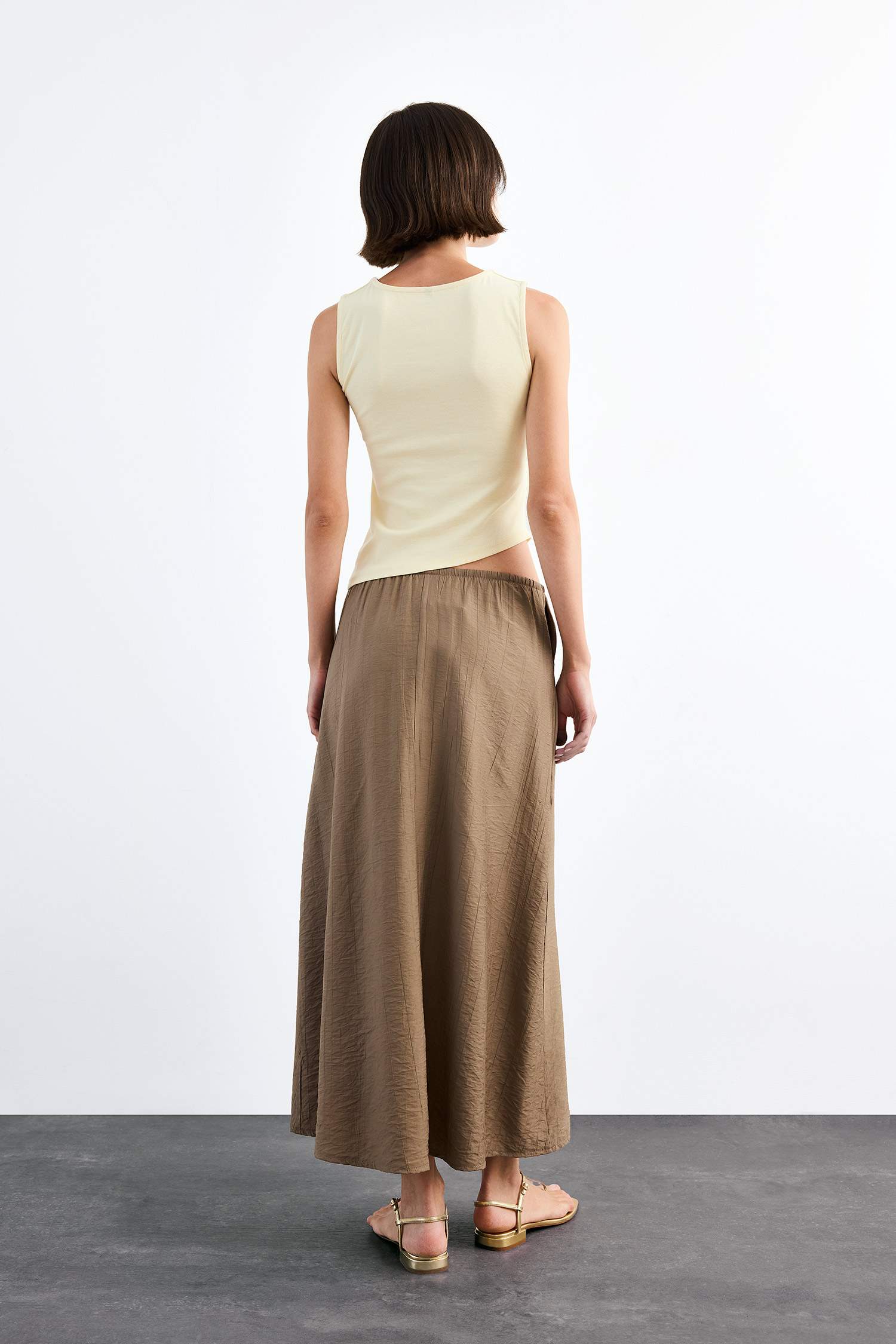 Relax Fit Beli Lastikli Krinkıl Kumaş Midi Etek