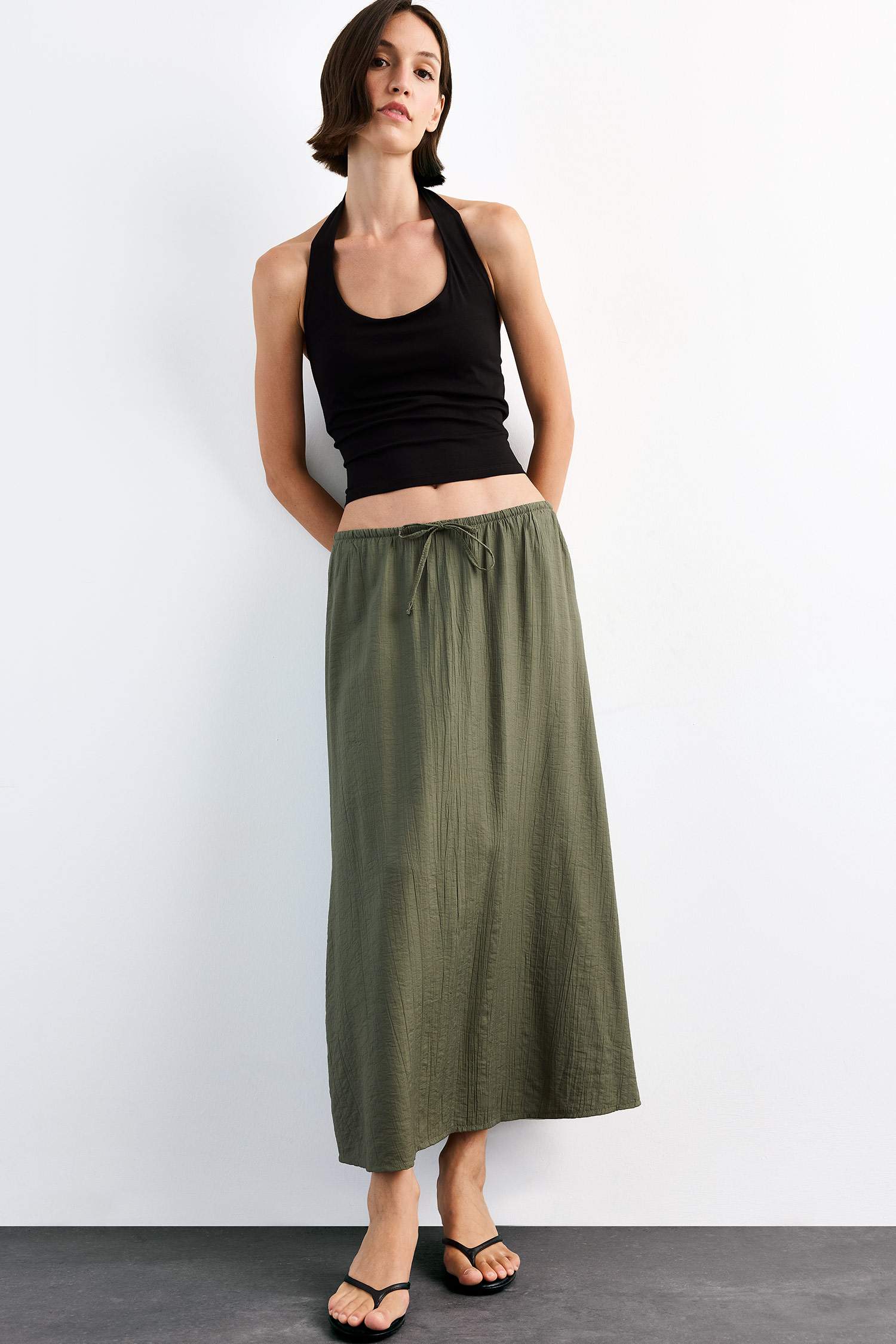 Relax Fit Beli Lastikli Krinkıl Kumaş Midi Etek