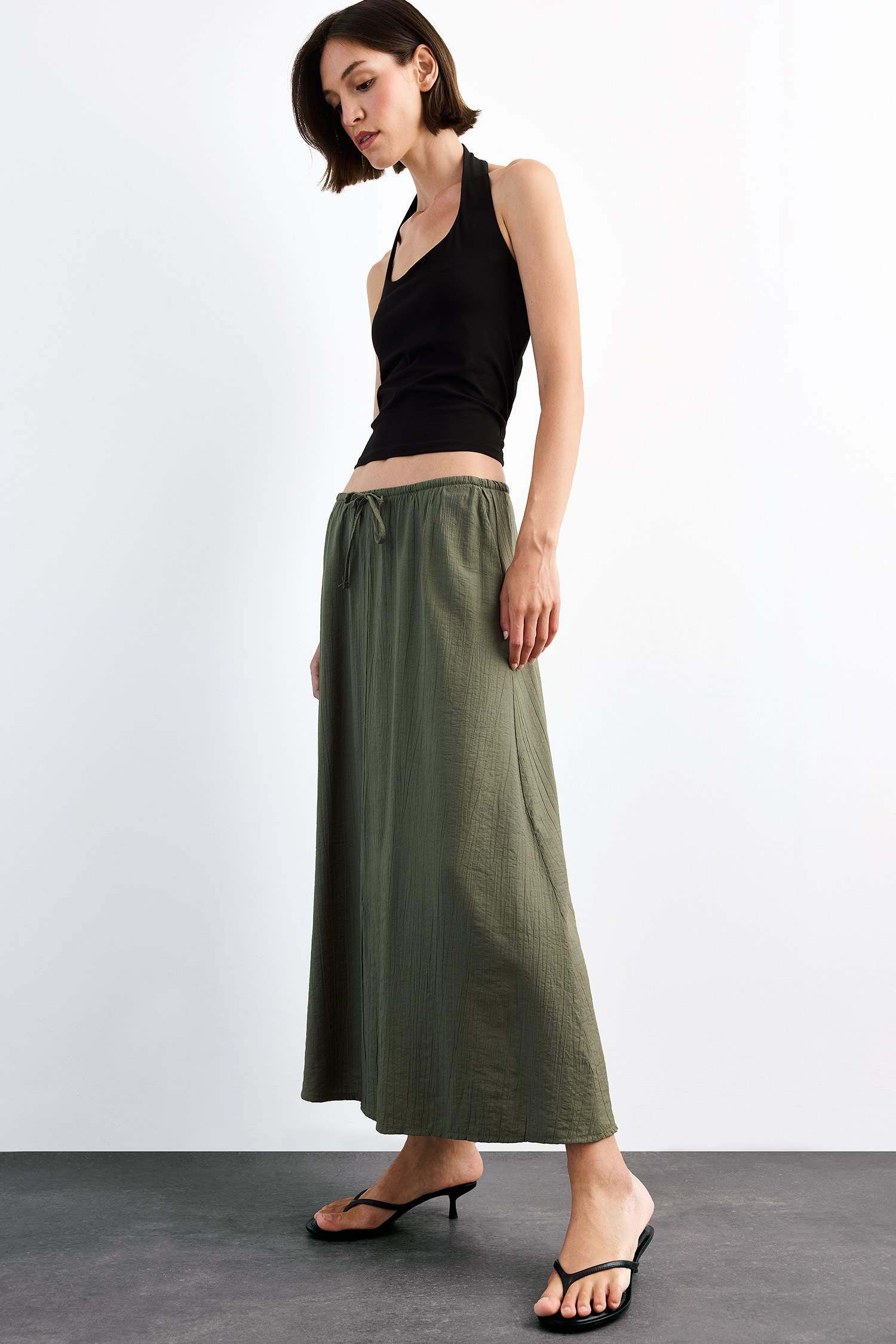 Relax Fit Beli Lastikli Krinkıl Kumaş Midi Etek