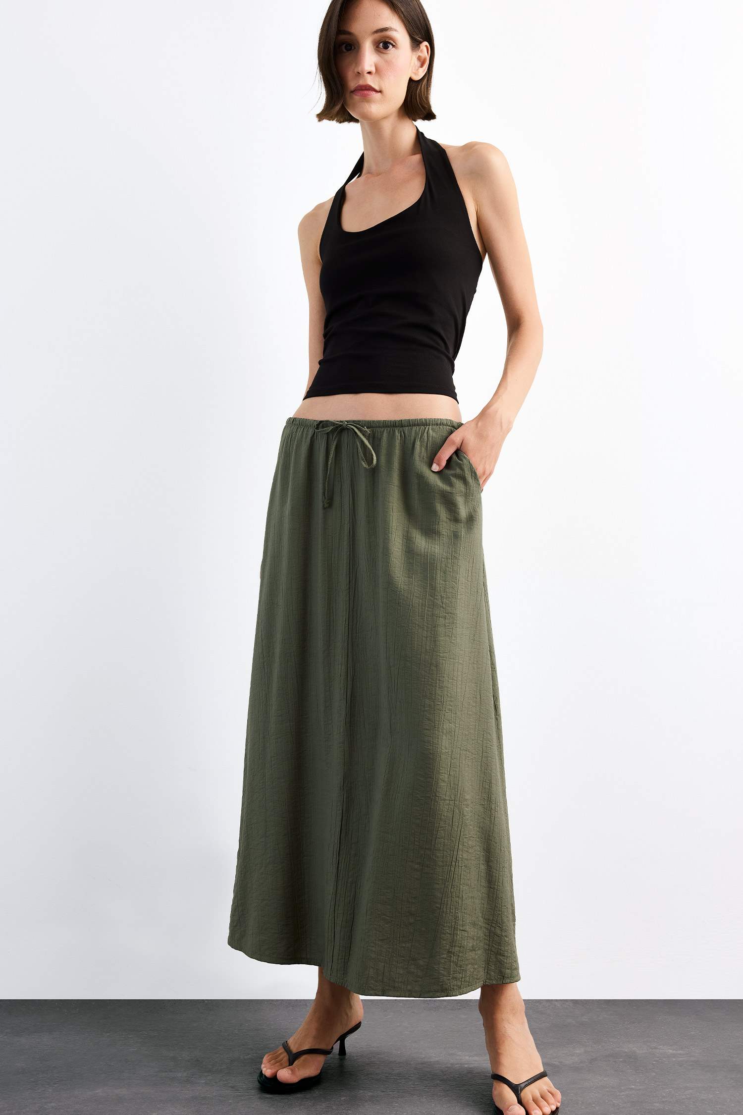 Relax Fit Beli Lastikli Krinkıl Kumaş Midi Etek