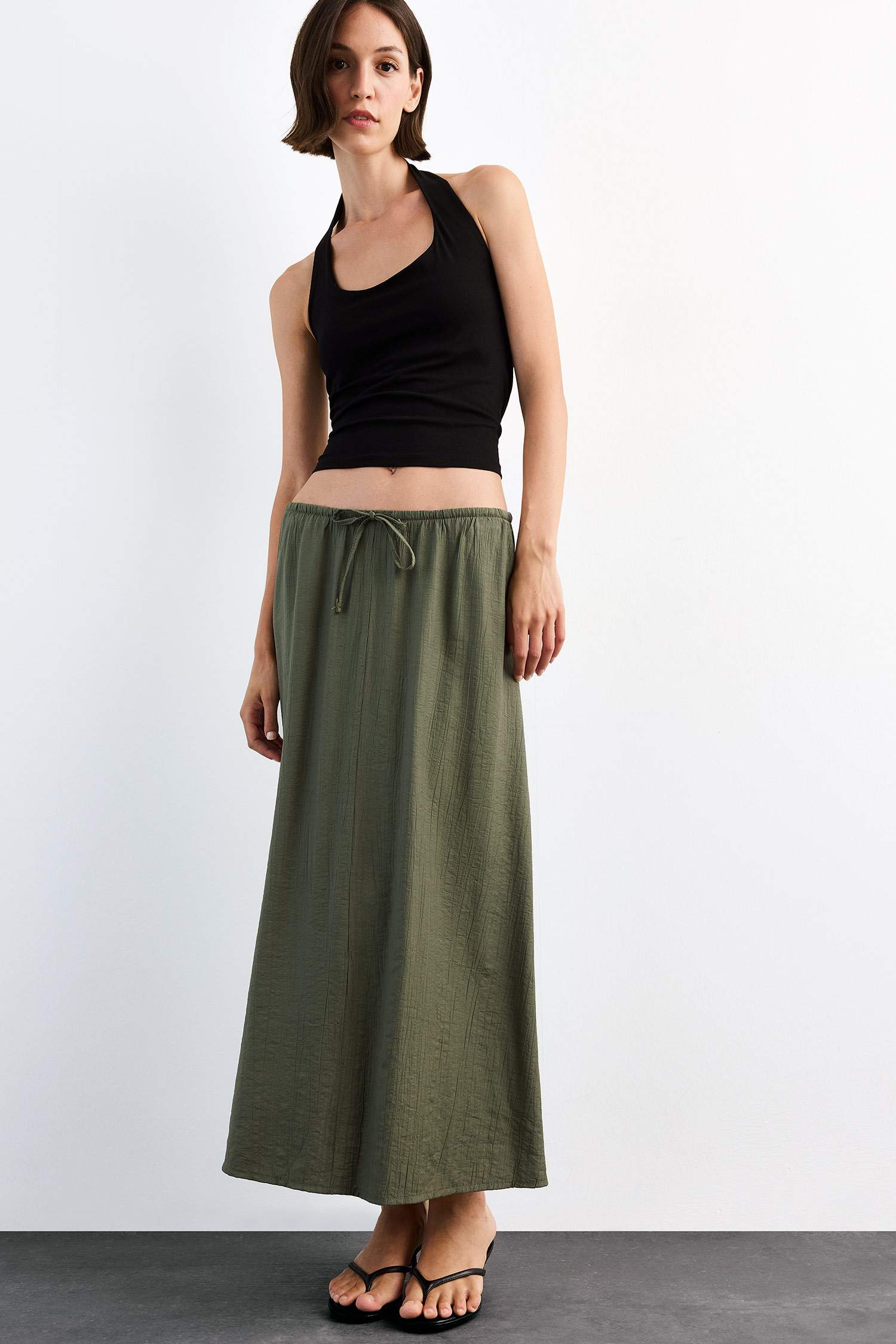 Relax Fit Beli Lastikli Krinkıl Kumaş Midi Etek