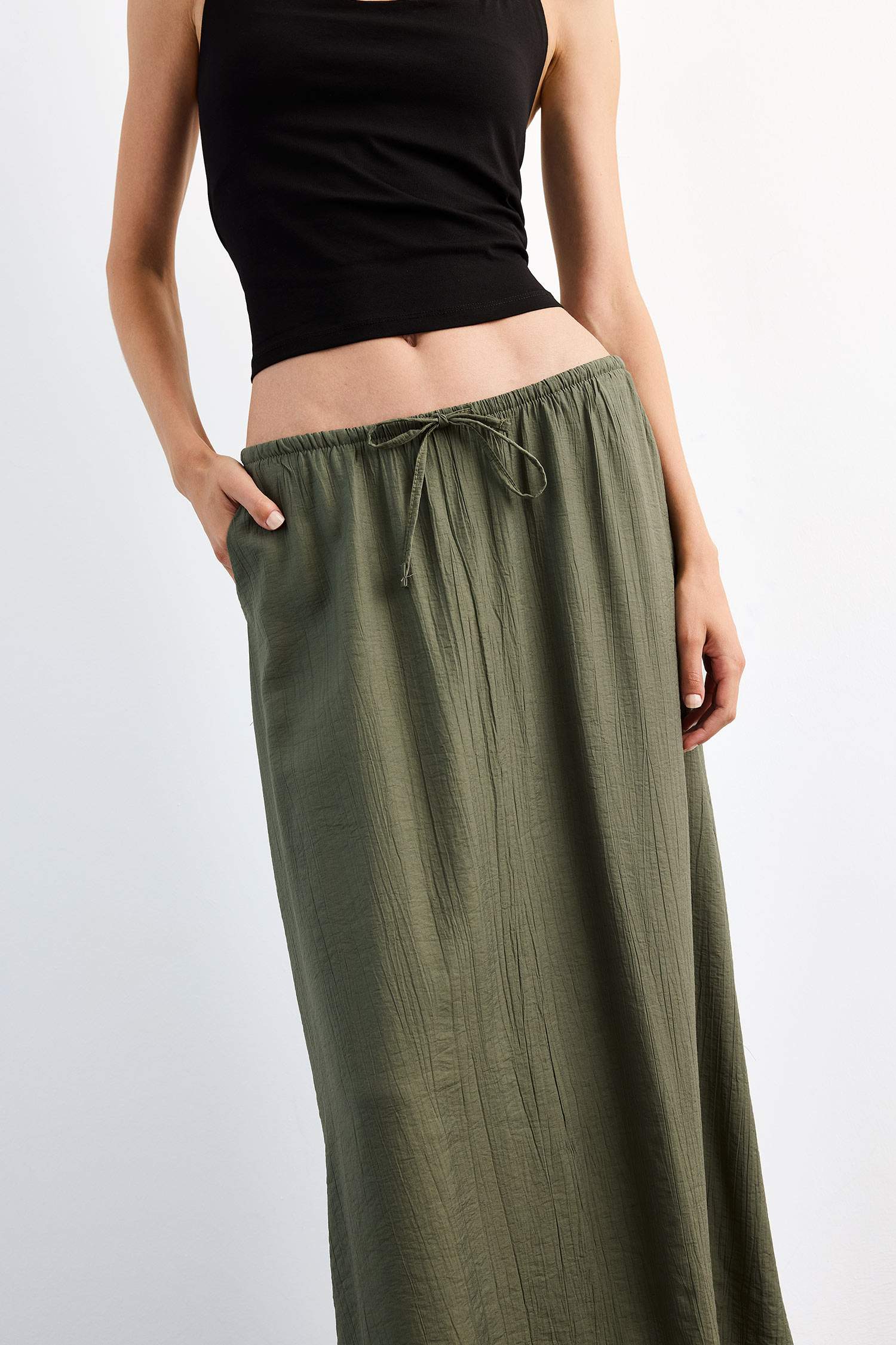 Relax Fit Beli Lastikli Krinkıl Kumaş Midi Etek