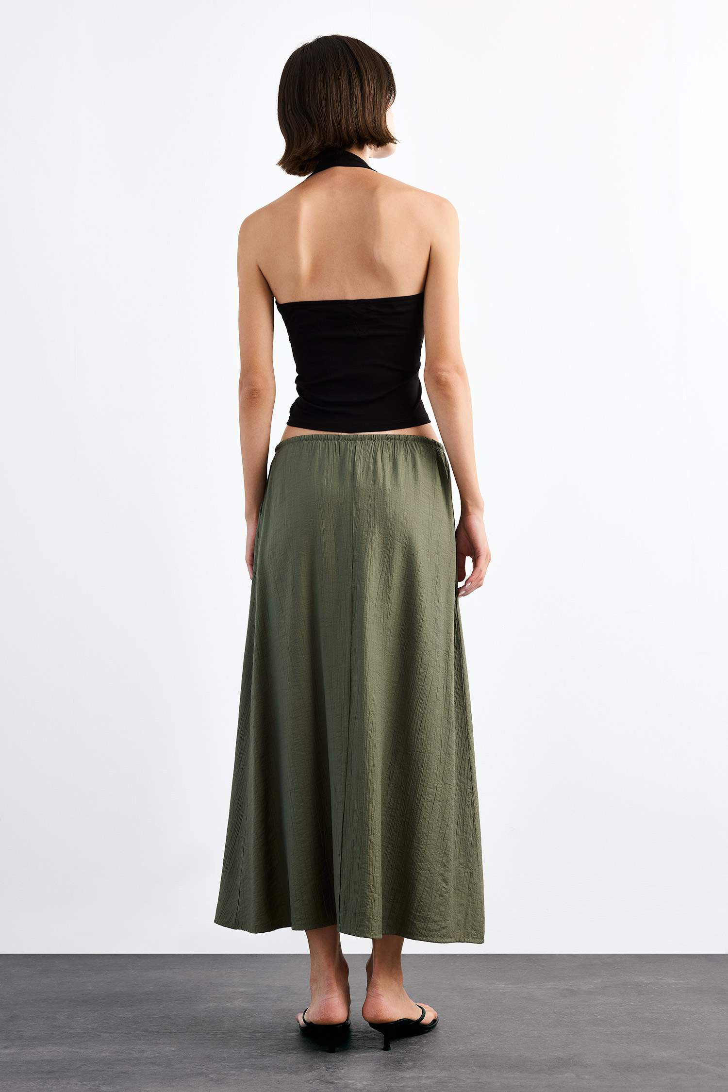 Relax Fit Beli Lastikli Krinkıl Kumaş Midi Etek