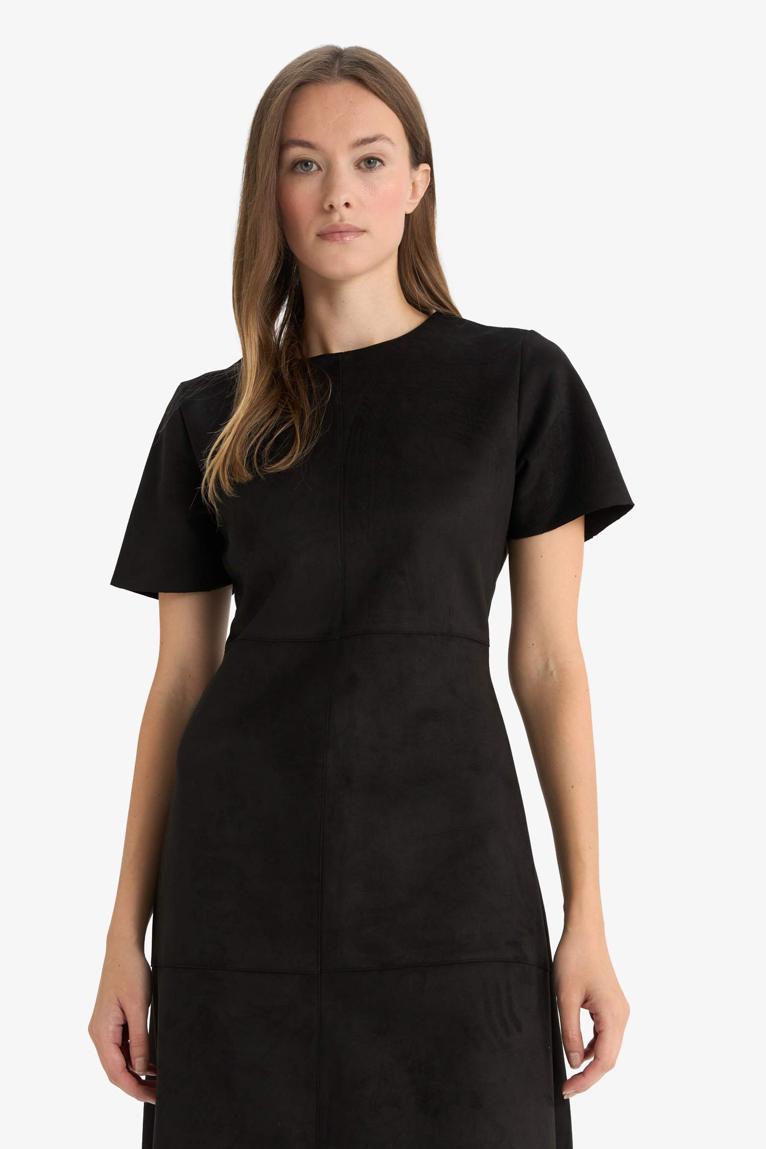 فستان نص كم شمواه قصة A بياقة مدورة