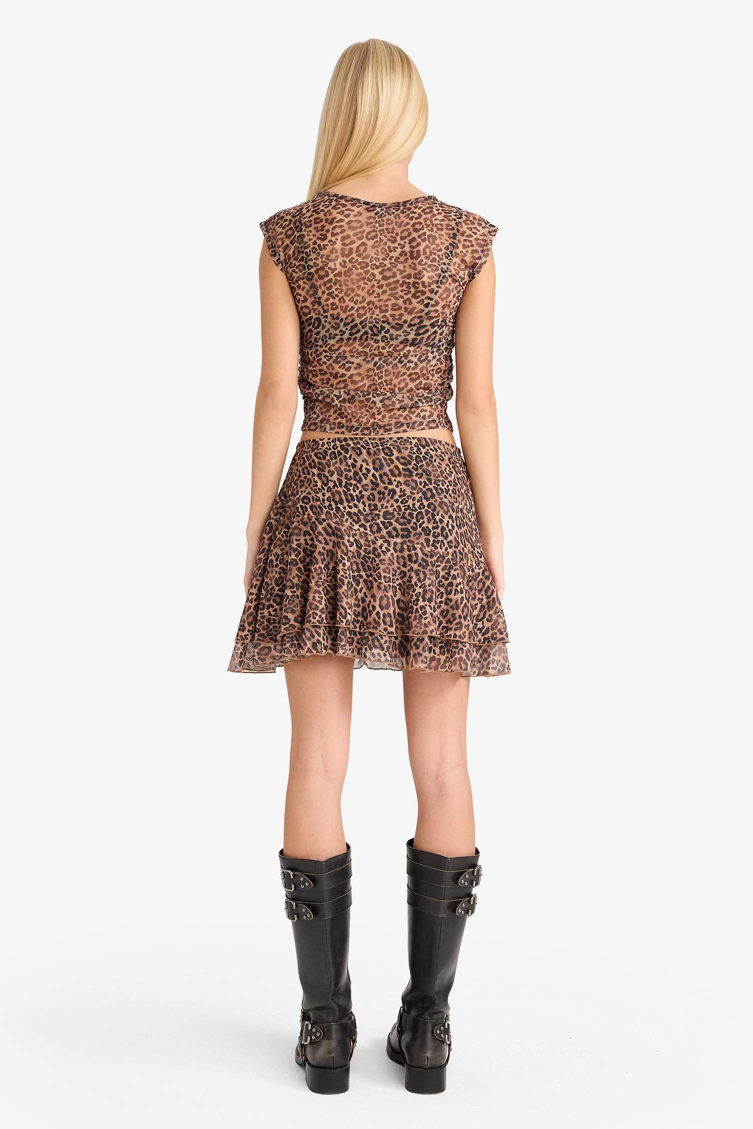 Normal Bel Penye Astar Leopar Desenli Tül Mini Etek