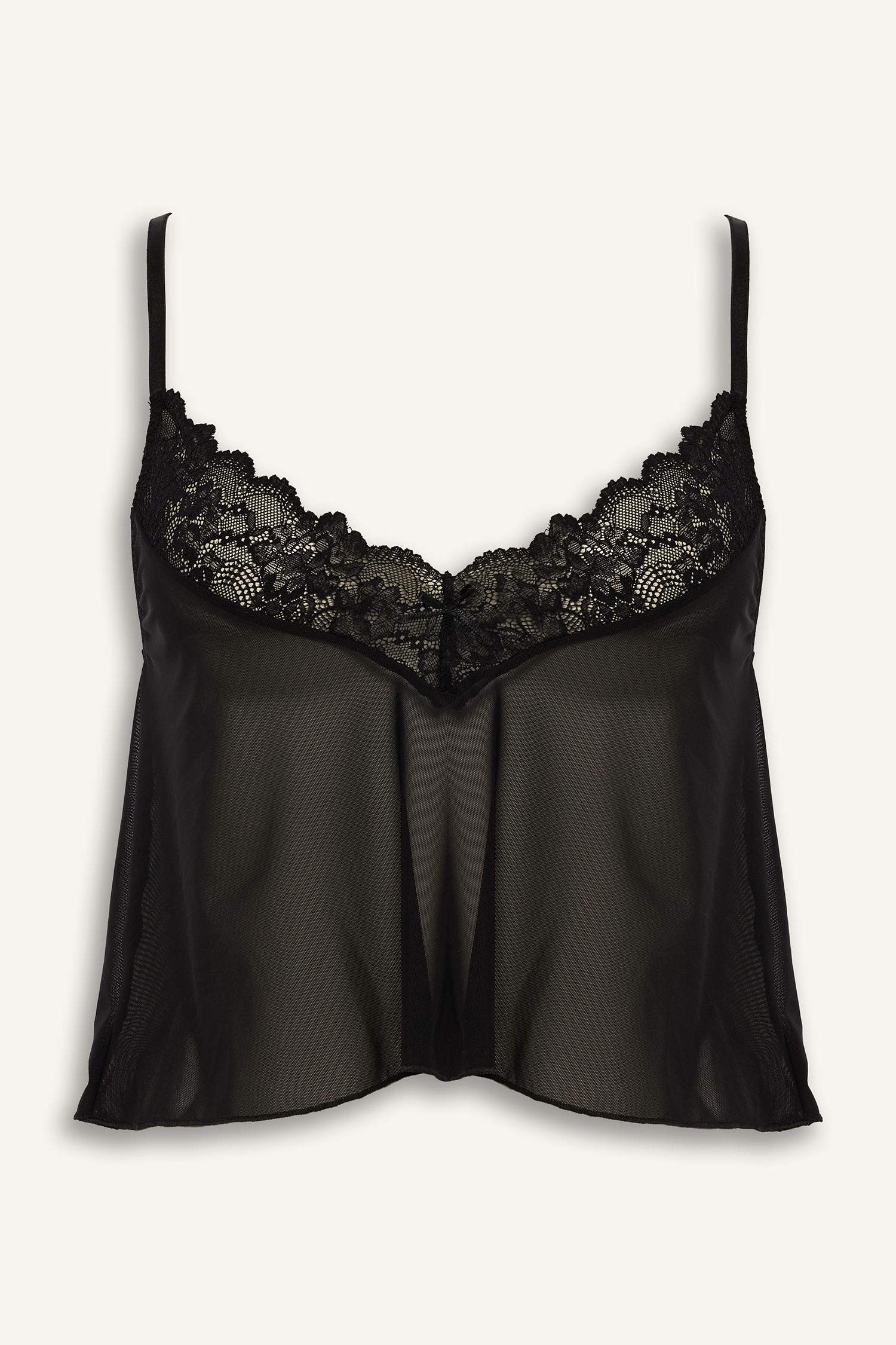 Regular Fit Dantel Detaylı İnce Askılı Tül Üst-Fall in Love