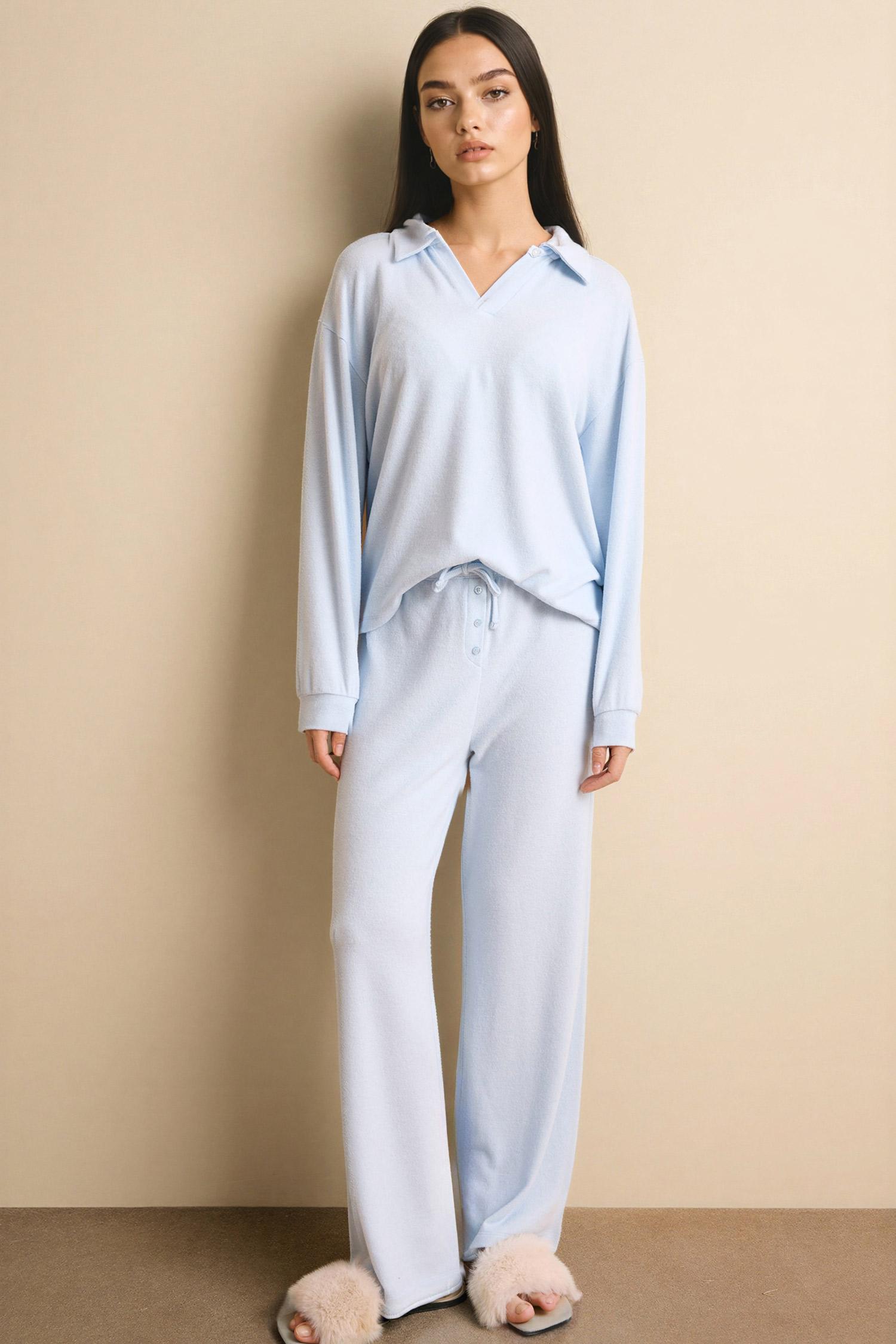 DeFacto Regular Fit Ultra Yumuşak Uzun Kollu Velur Üst Uzun Alt Pijama Takımı