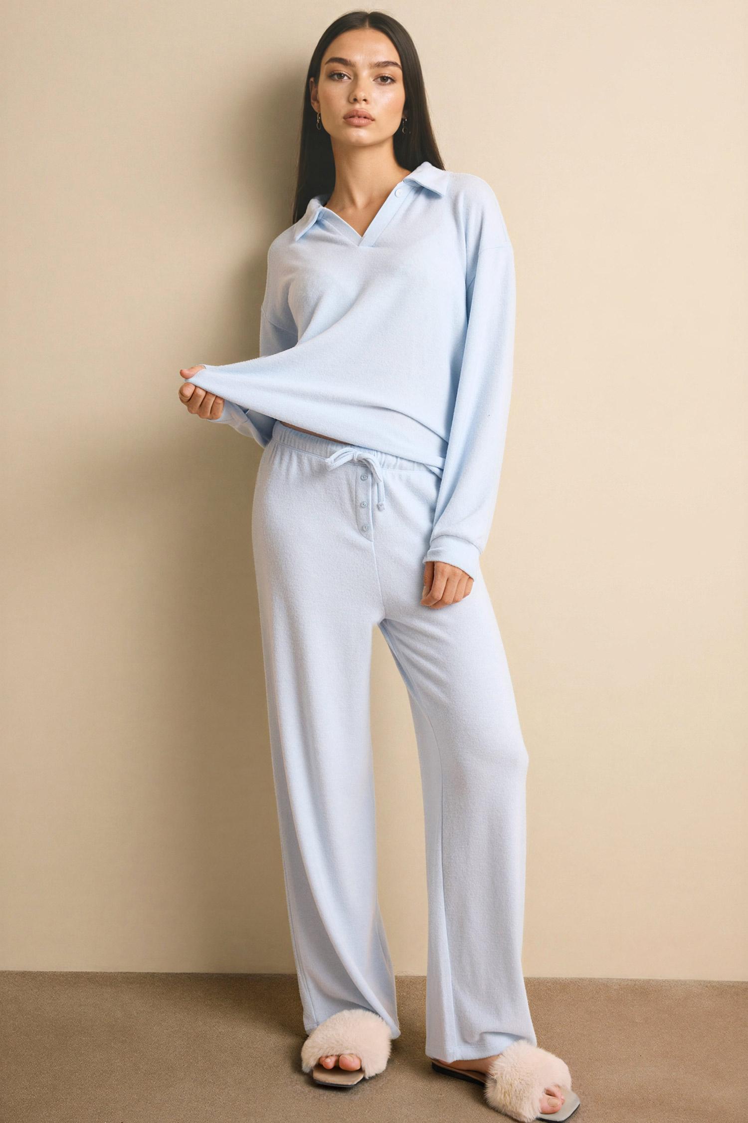 DeFacto Regular Fit Ultra Yumuşak Uzun Kollu Velur Üst Uzun Alt Pijama Takımı görsel 2