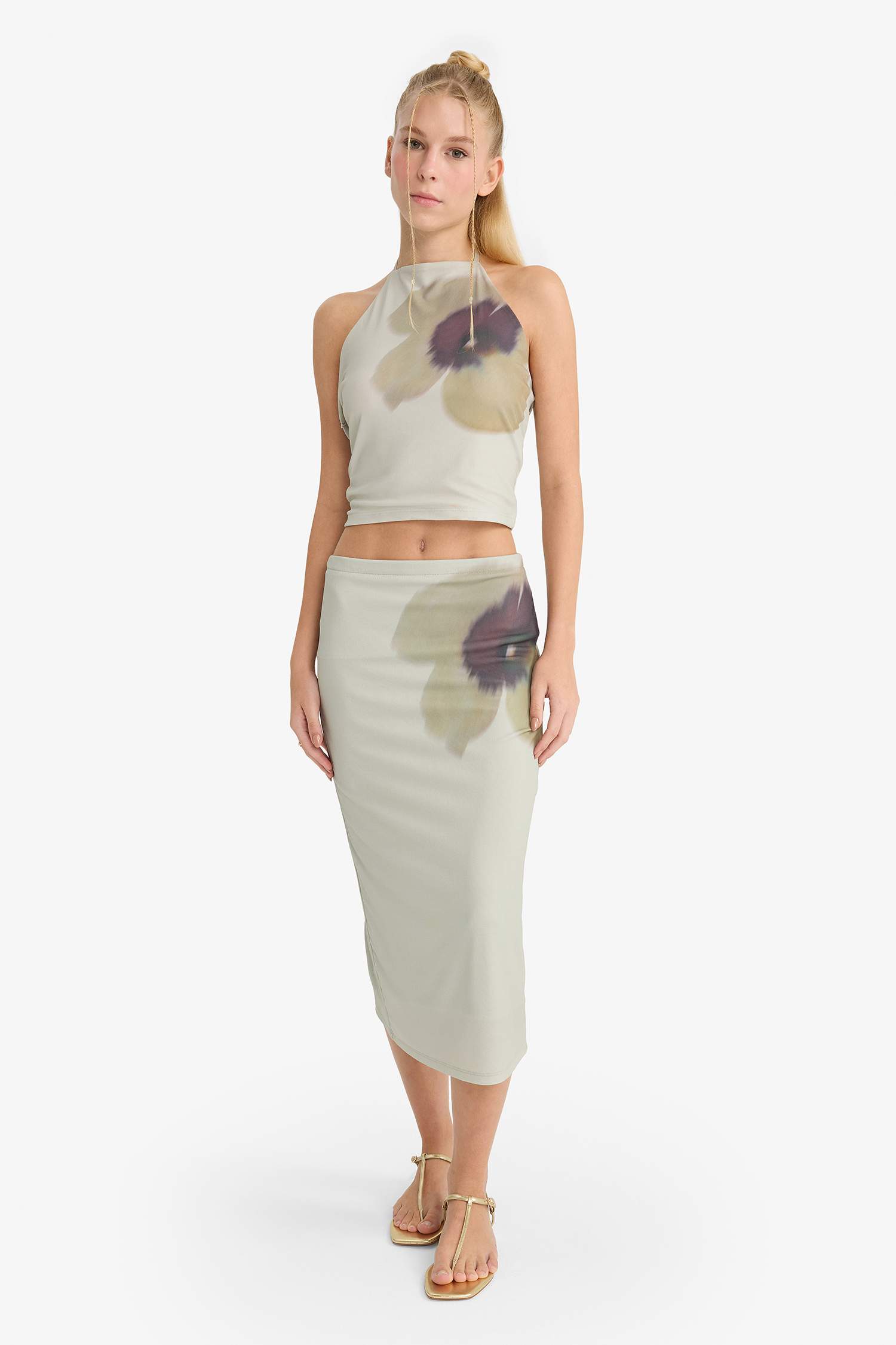 Coool Normal Bel Çiçek Desenli Tül Midi Kalem Etek 