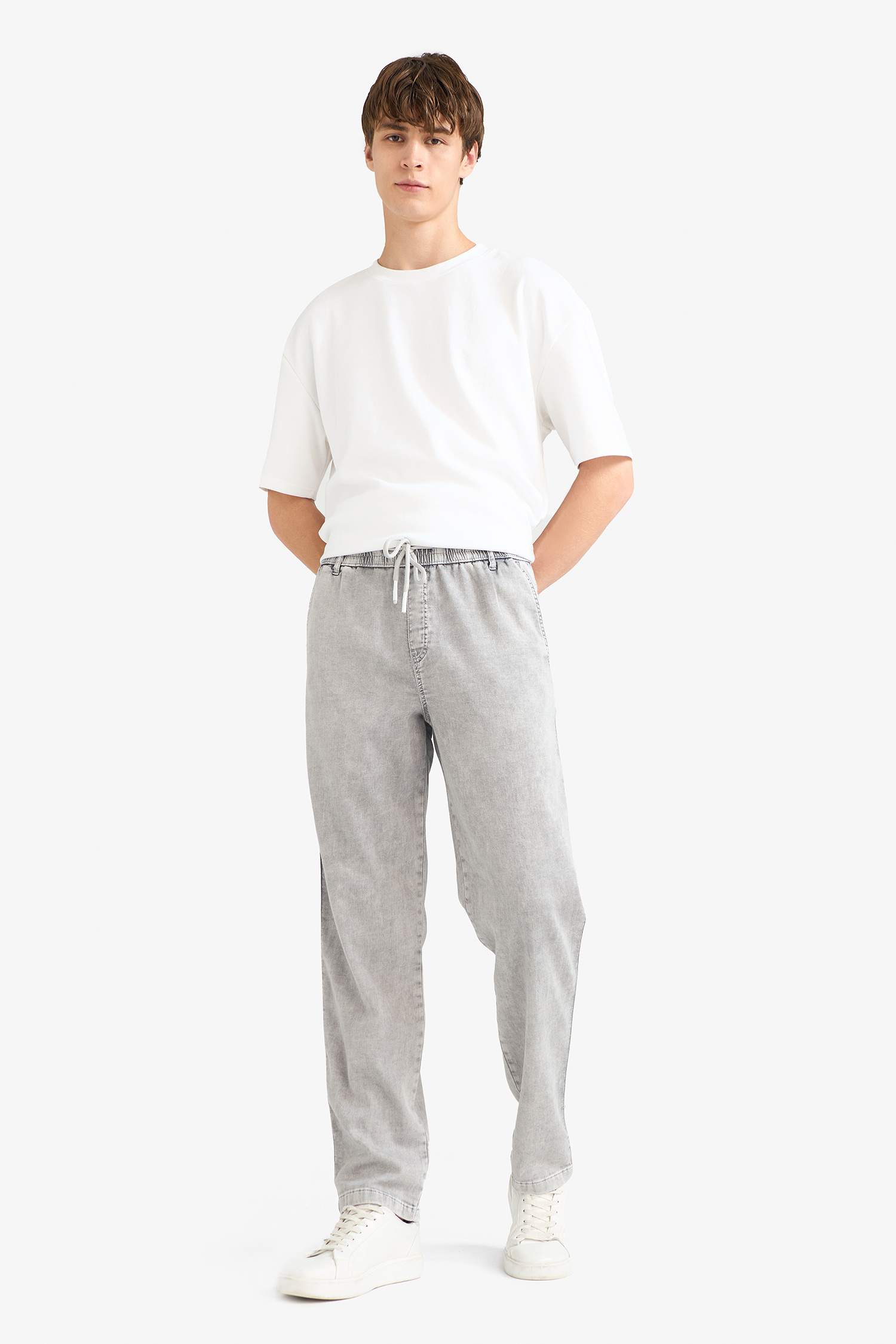 Wide Leg Geniş Paça Beli Bağcıklı Jean Kar Yıkamalı Pantolon