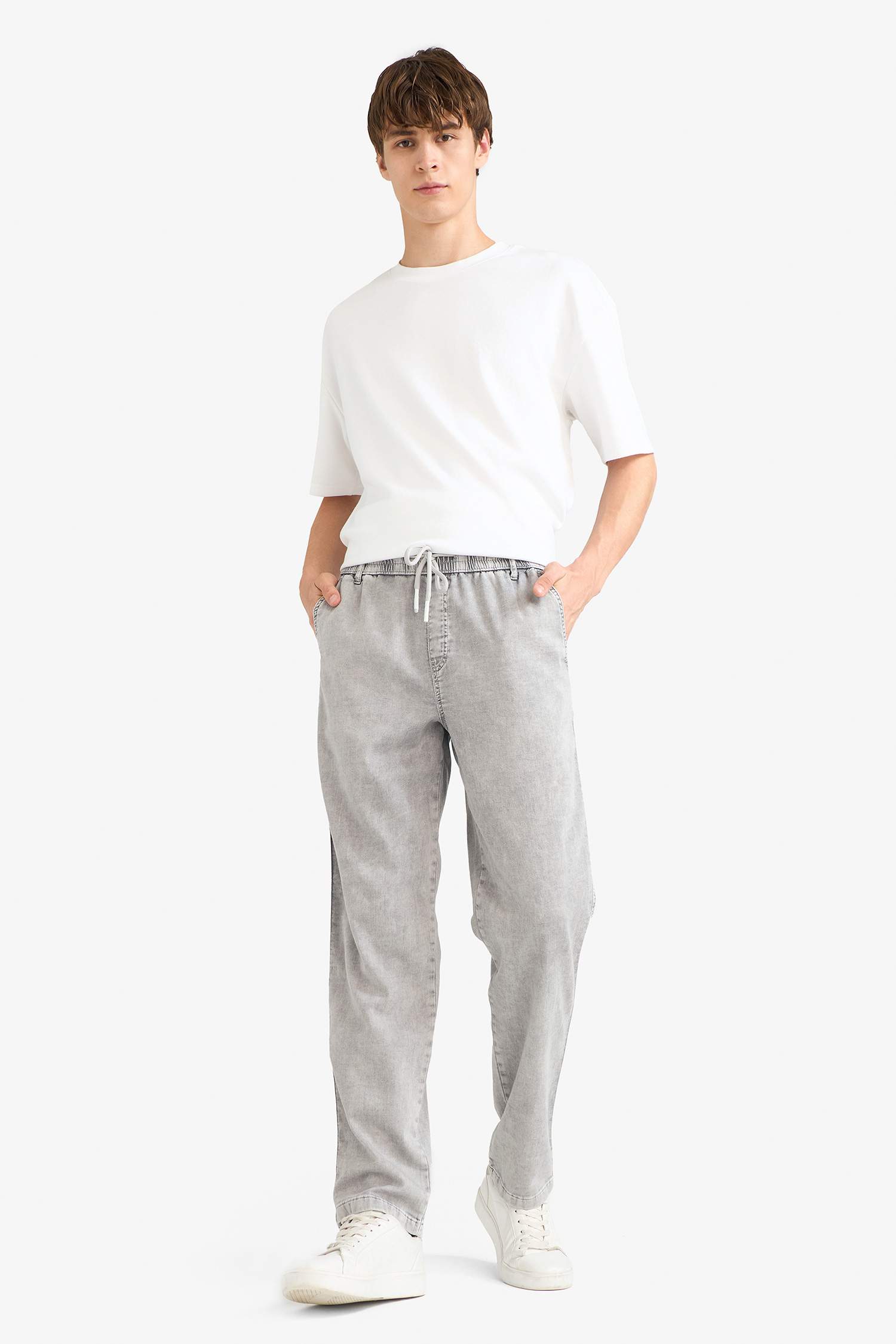 Wide Leg Geniş Paça Beli Bağcıklı Jean Kar Yıkamalı Pantolon