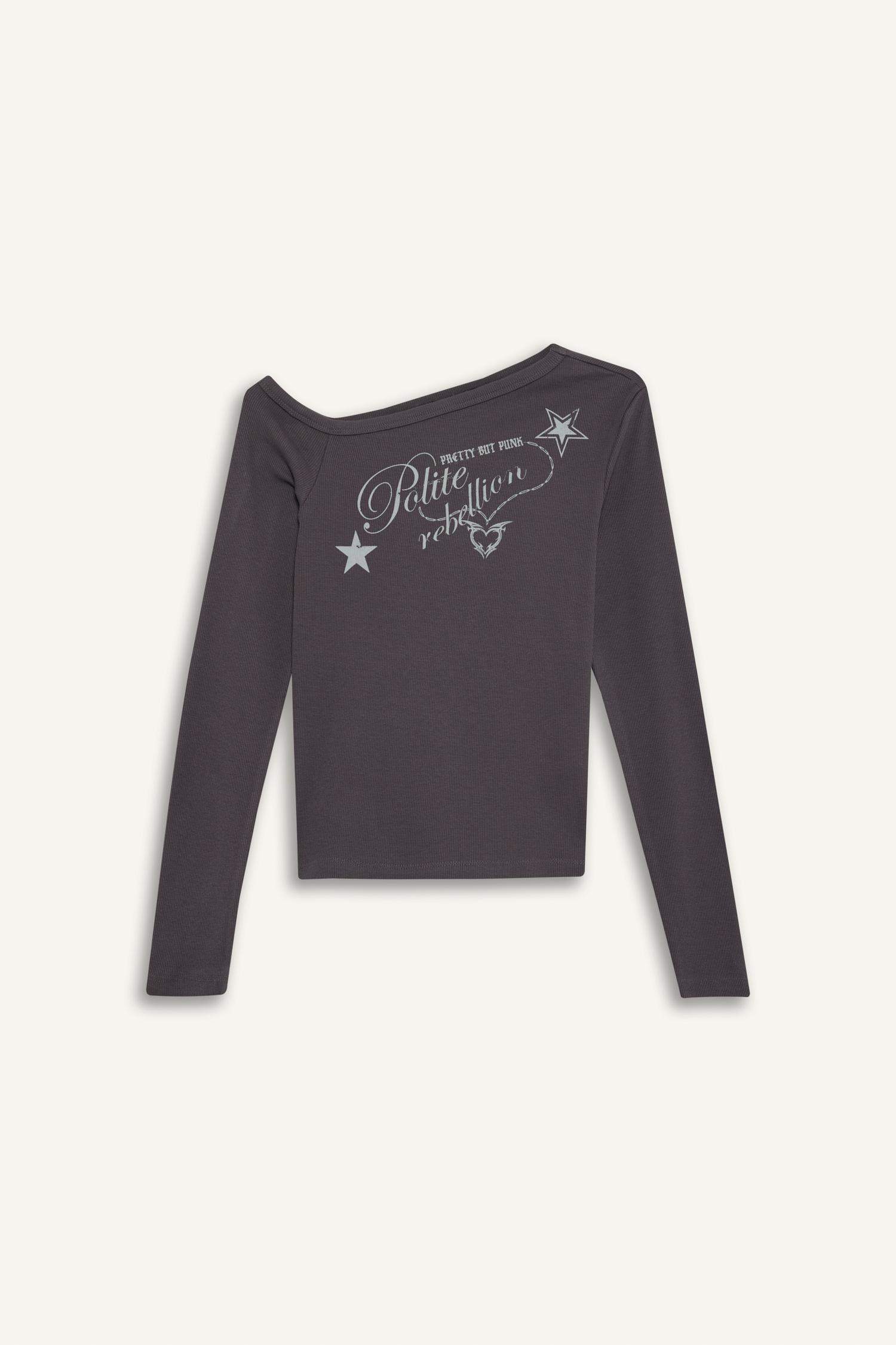 Coool Fitted Açık Omuzlu Fitilli Kaşkorse Uzun Kollu Tişört