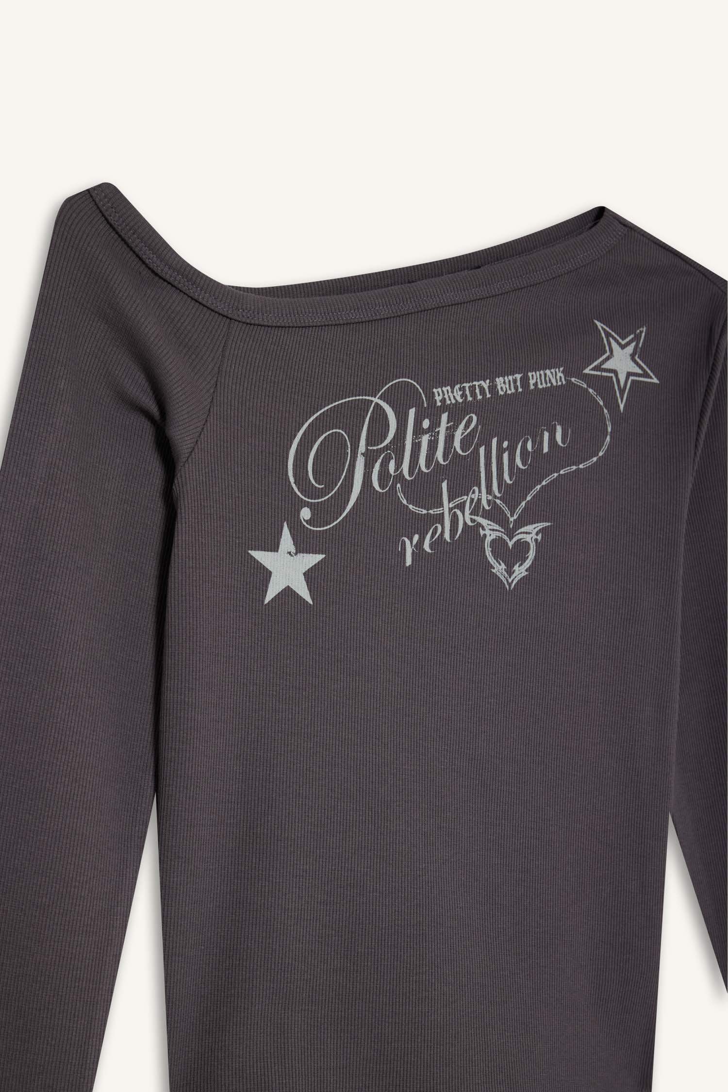 Coool Fitted Açık Omuzlu Fitilli Kaşkorse Uzun Kollu Tişört