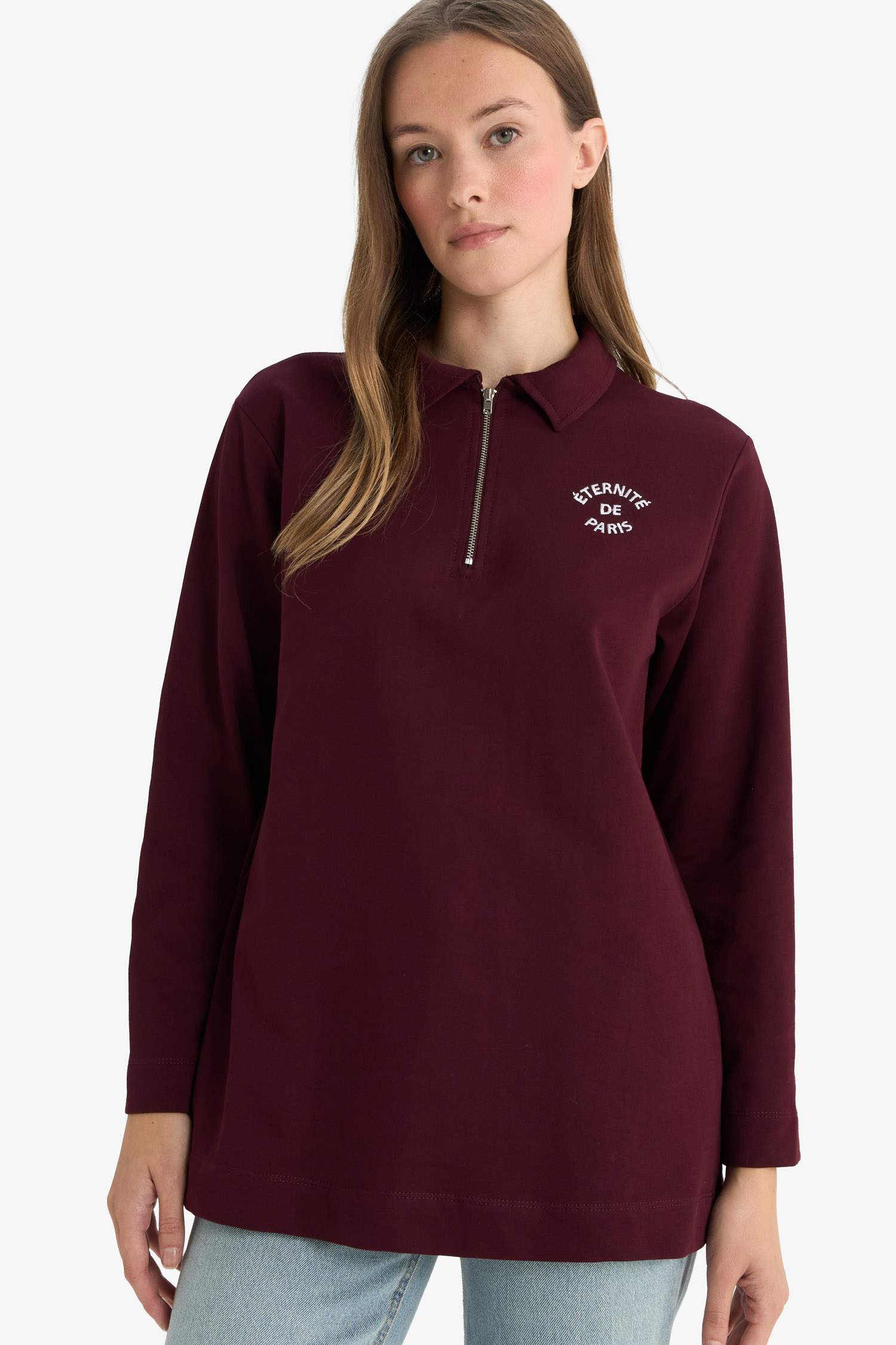 Regular Fit Polo Yaka Nakışlı Yarım Fermuarlı Sweatshirt Tunik