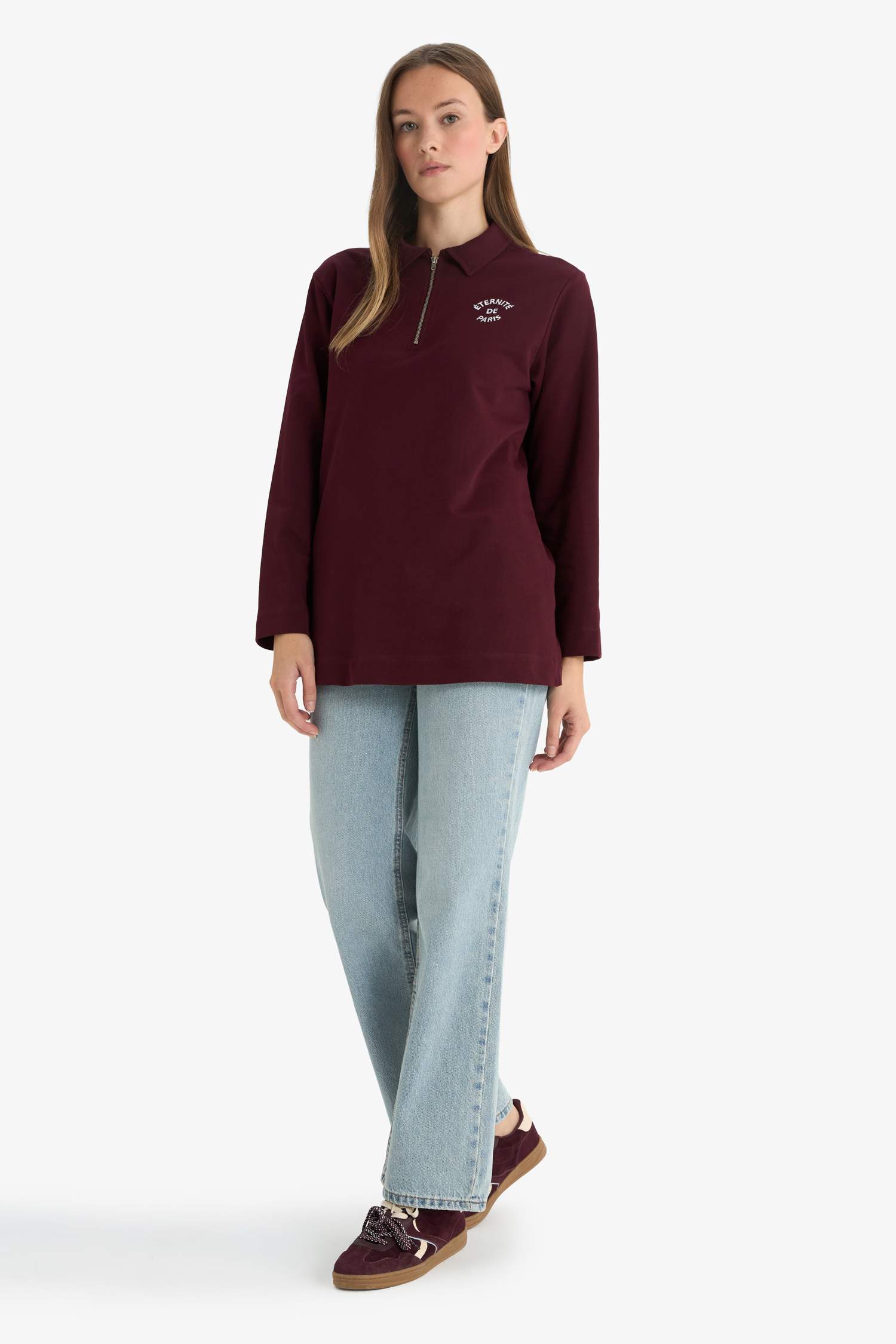 Regular Fit Polo Yaka Nakışlı Yarım Fermuarlı Sweatshirt Tunik