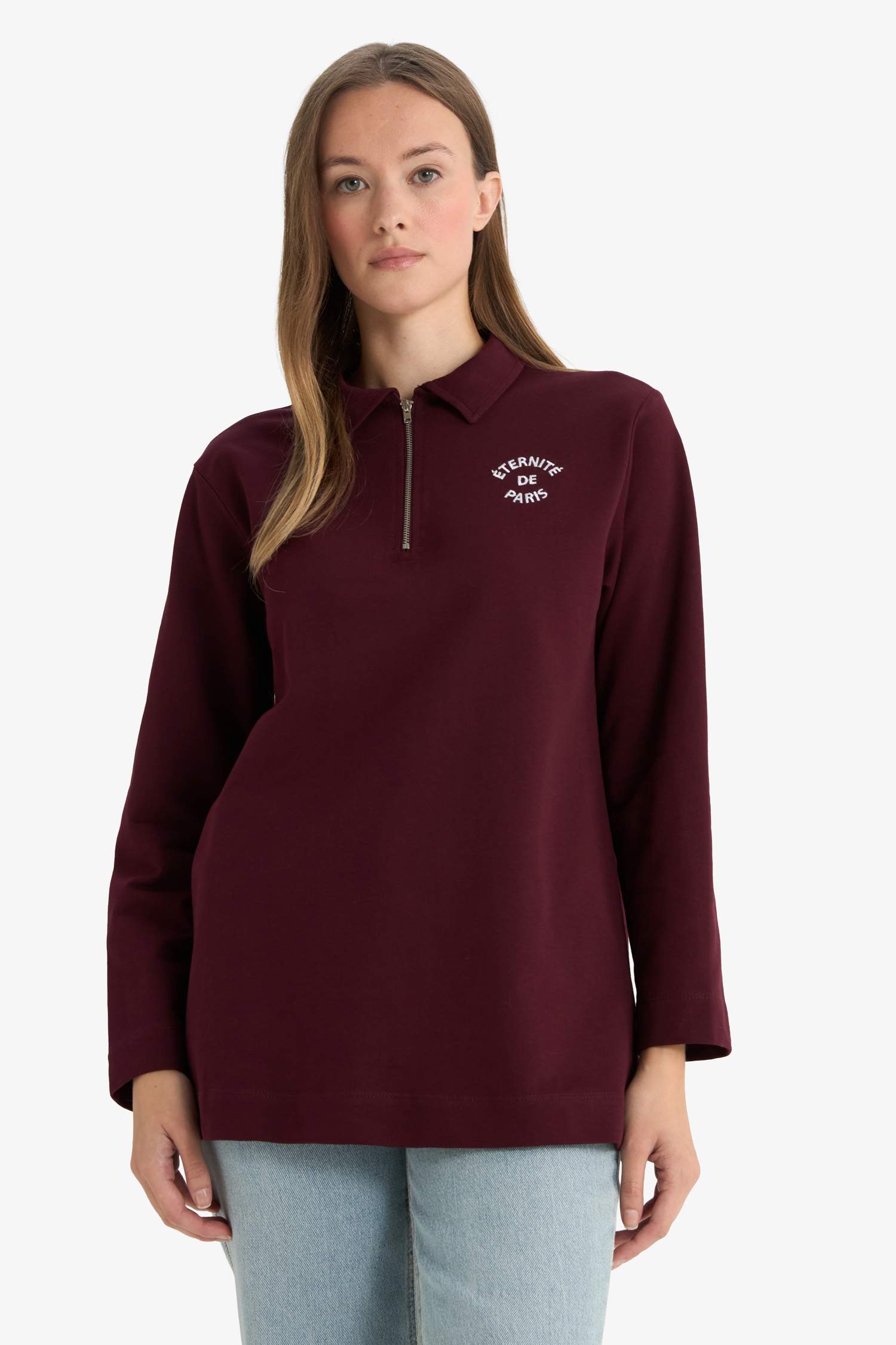 Regular Fit Polo Yaka Nakışlı Yarım Fermuarlı Sweatshirt Tunik