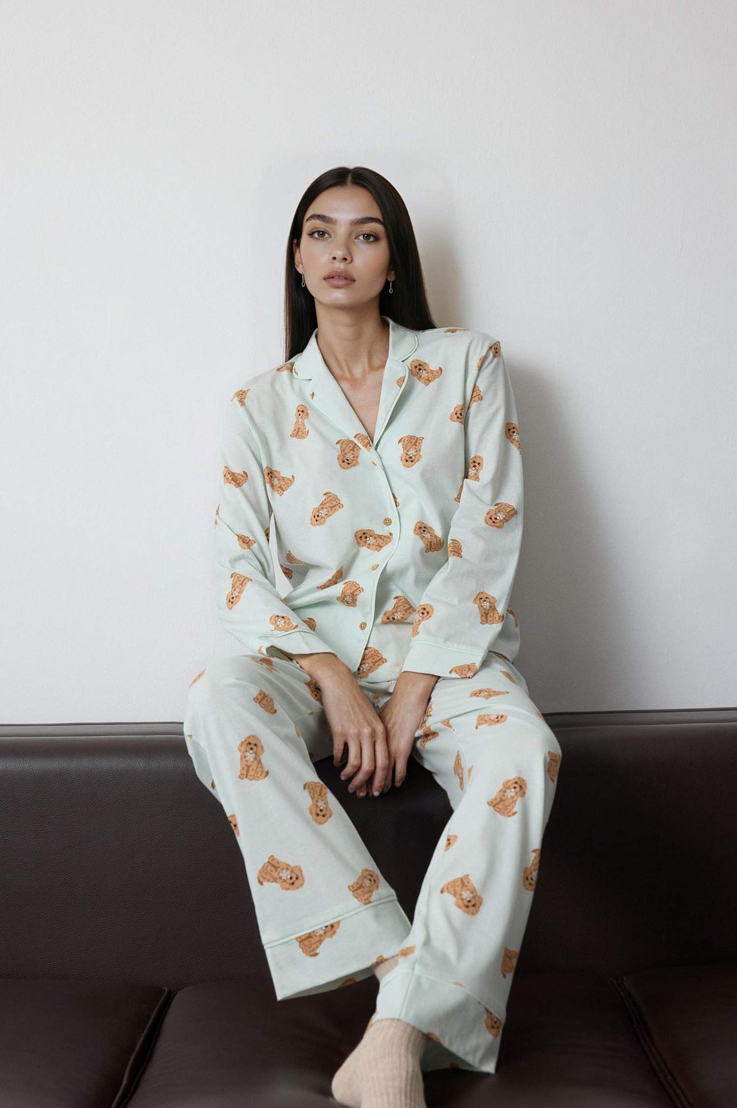 Pijama Takımı Regular Fit Köpek Desenli Uzun Kollu Üst Uzun Alt-Fall in Love 