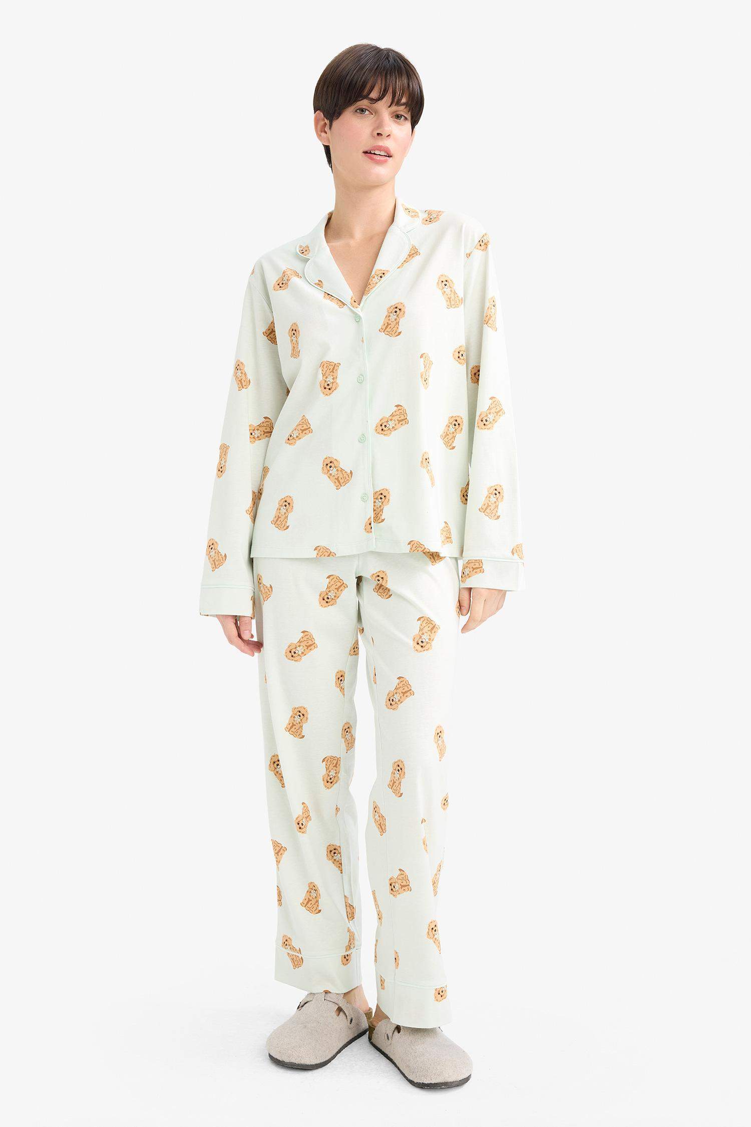 Pijama Takımı Regular Fit Köpek Desenli Uzun Kollu Üst Uzun Alt-Fall in Love 