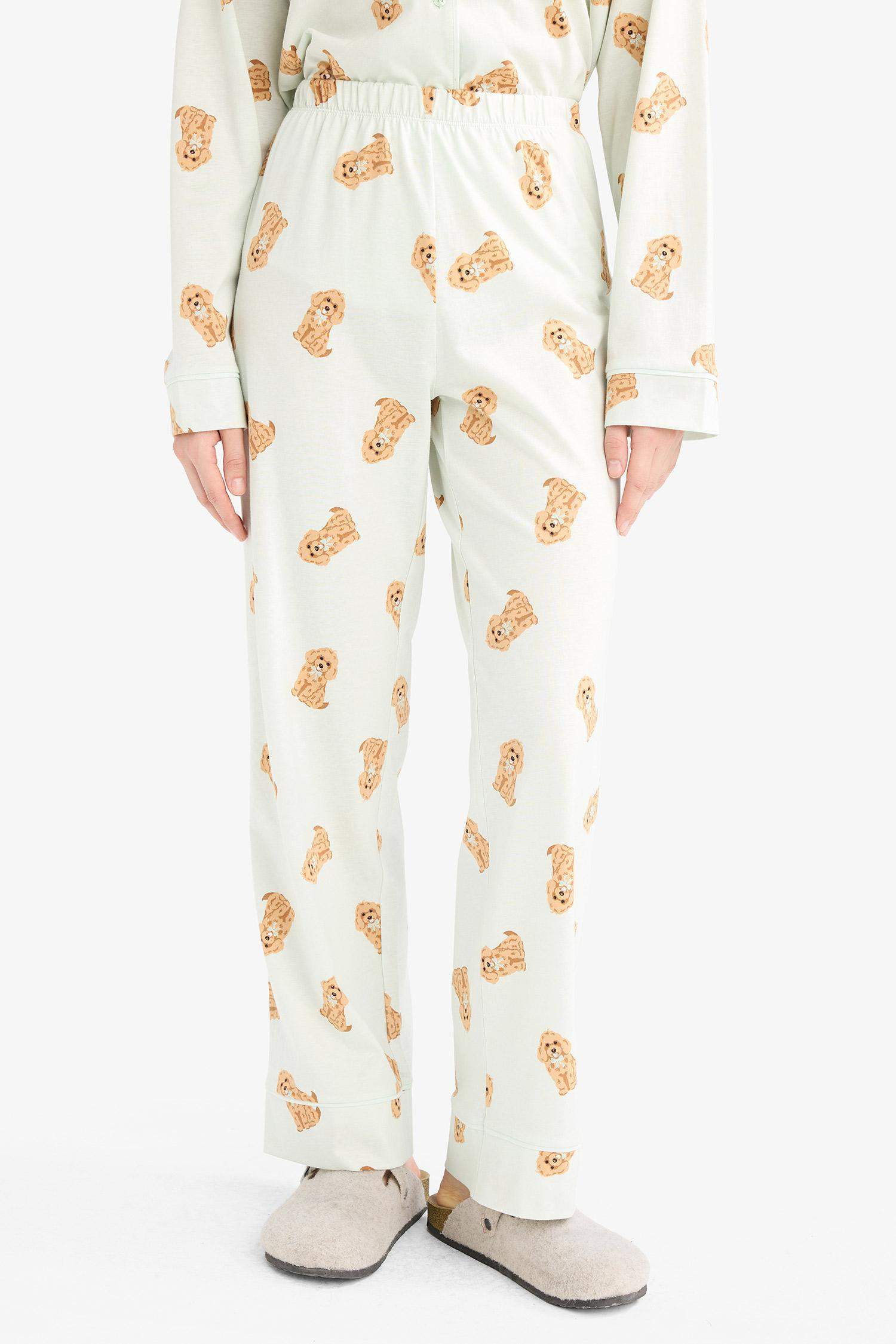 Pijama Takımı Regular Fit Köpek Desenli Uzun Kollu Üst Uzun Alt-Fall in Love 