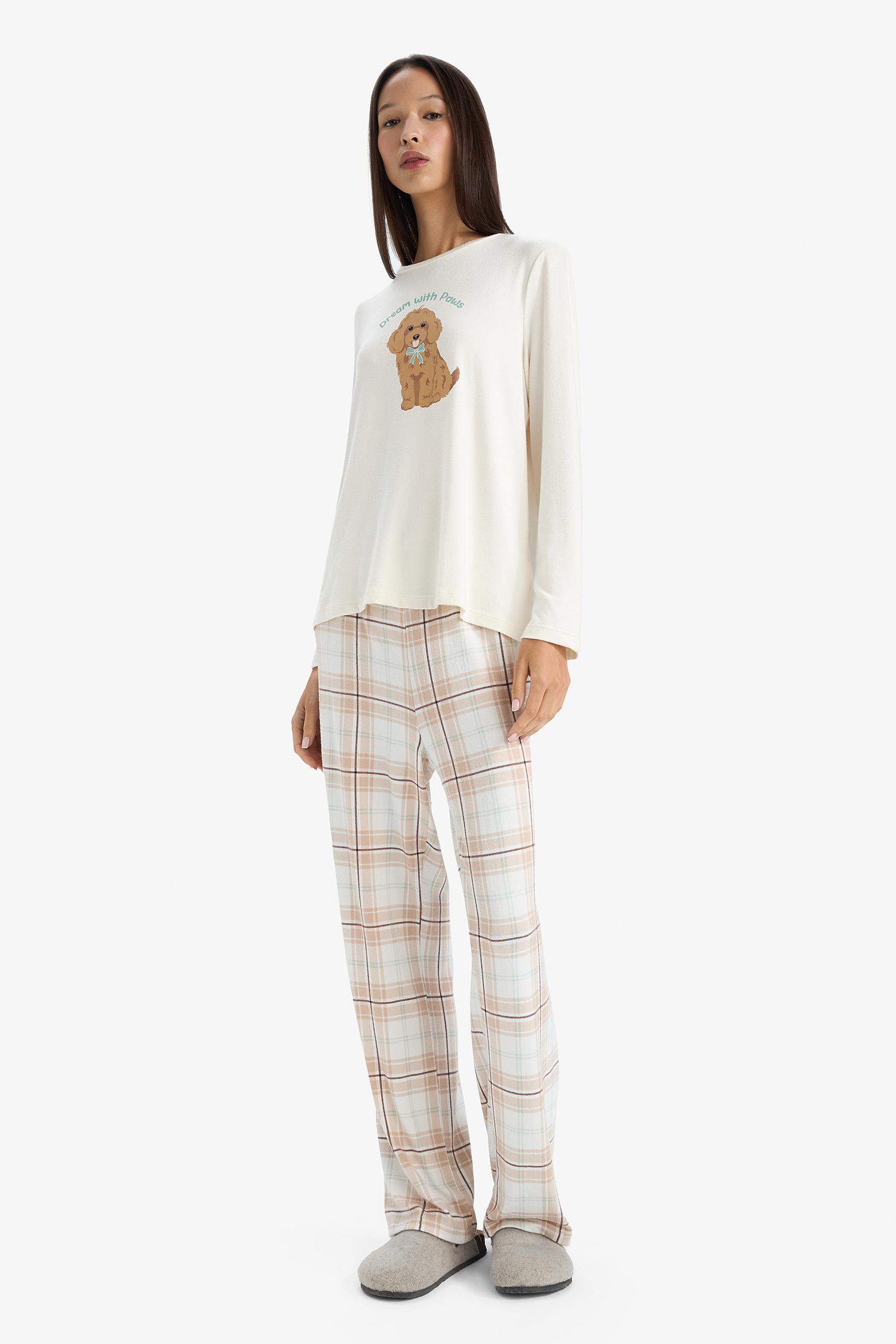 Pijama Takımı Regular Fit Baskılı Uzun Kollu Üst Kareli Uzun Alt-Fall in Love