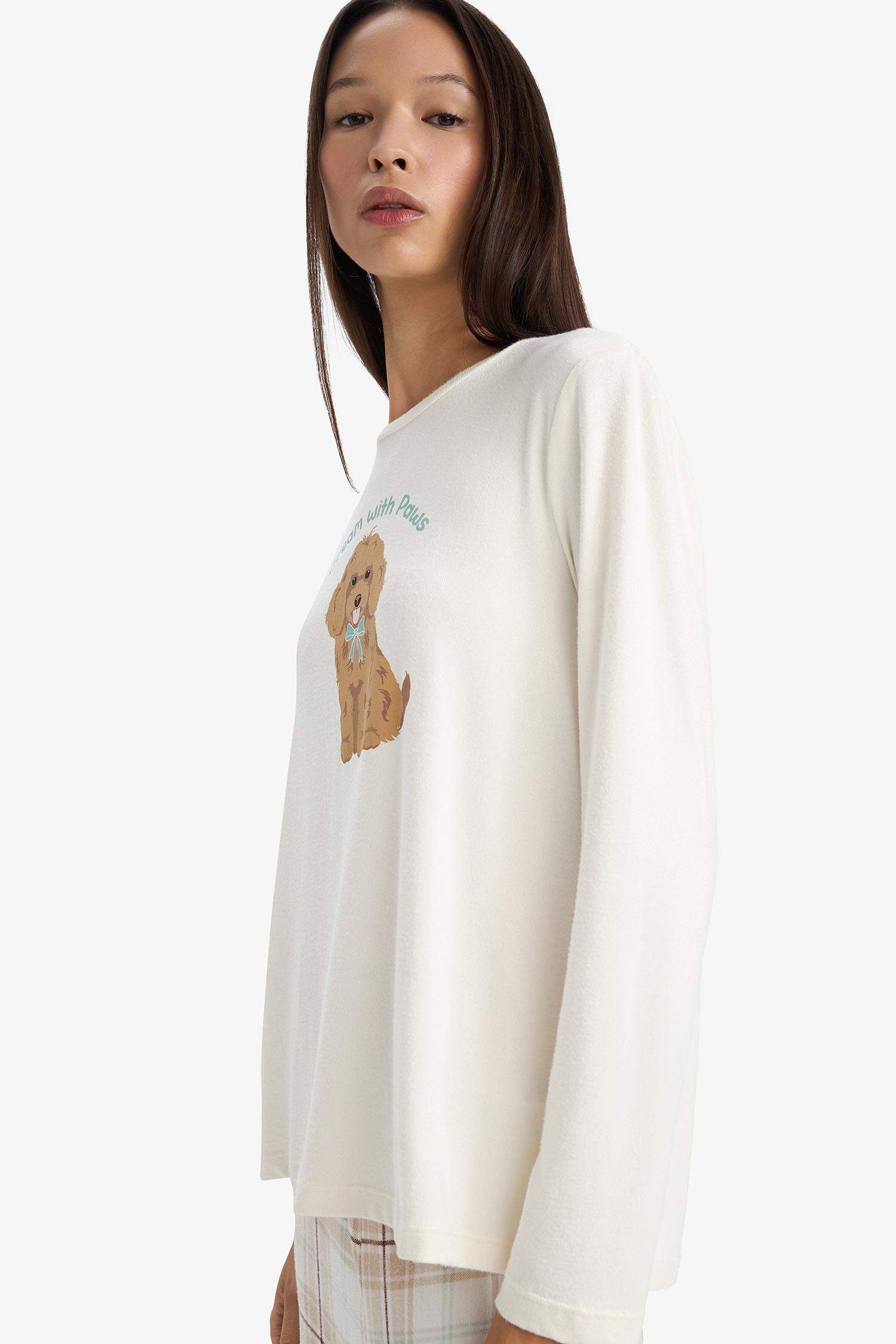 Pijama Takımı Regular Fit Baskılı Uzun Kollu Üst Kareli Uzun Alt-Fall in Love