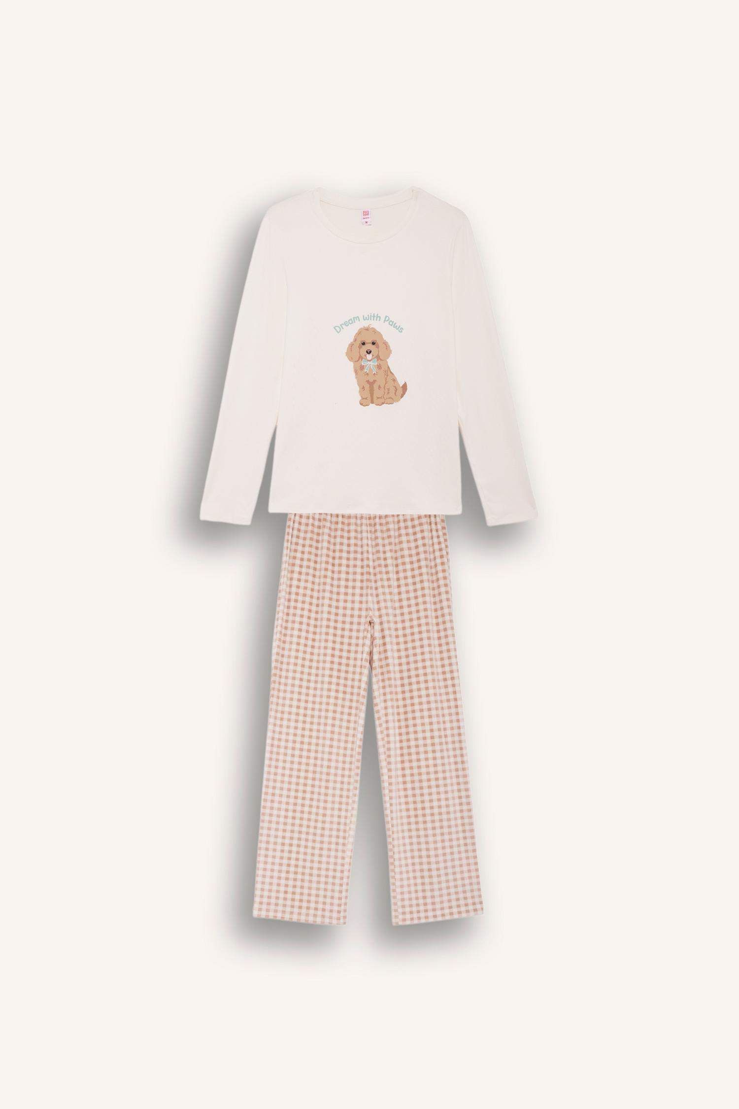 Pijama Takımı Regular Fit Baskılı Uzun Kollu Üst Kareli Uzun Alt-Fall in Love