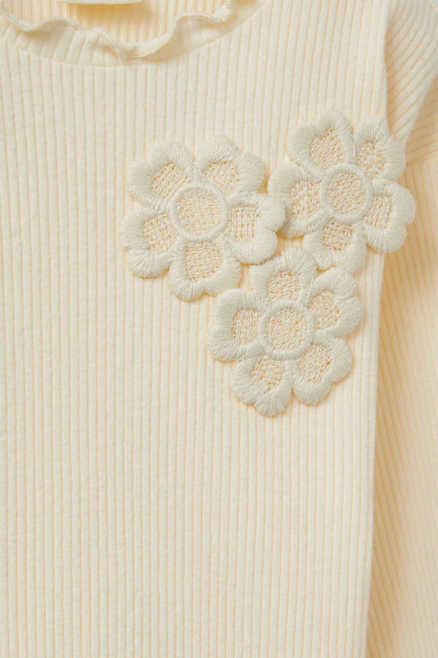 Kız Bebek Standart Fit Çiçekli Fitilli Kaşkorse Uzun Kollu Tişört