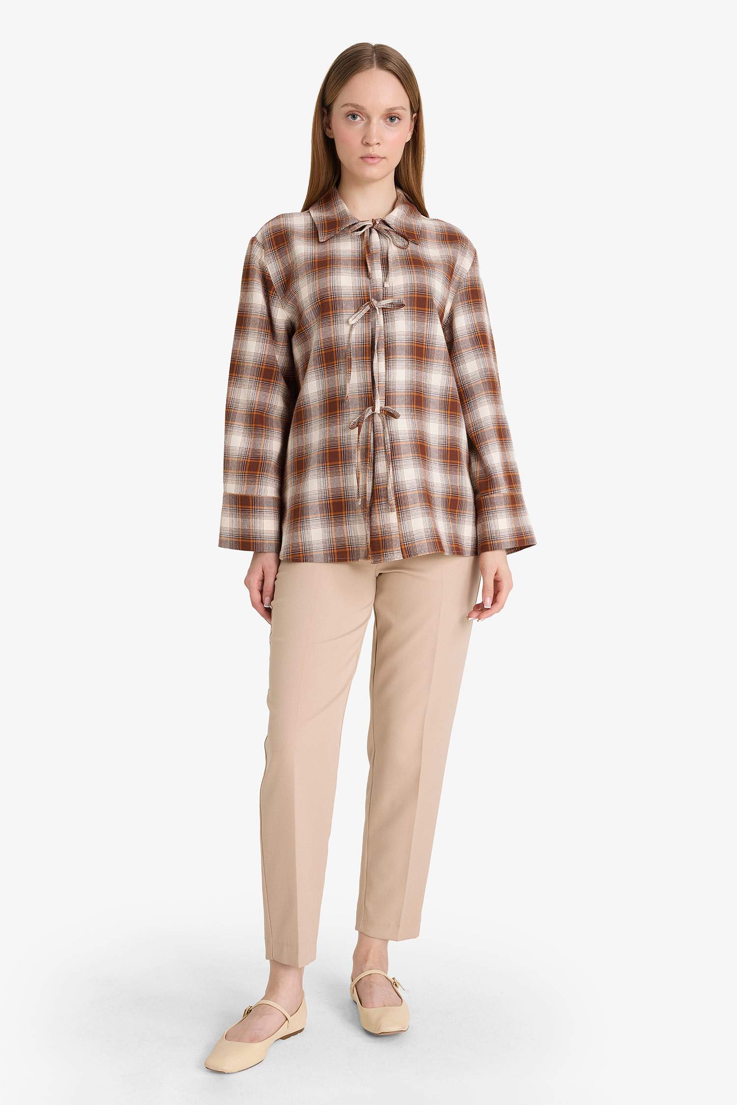 Regular Fit Dama Desenli Flanel Önden Bağlamalı Uzun Kollu Tunik