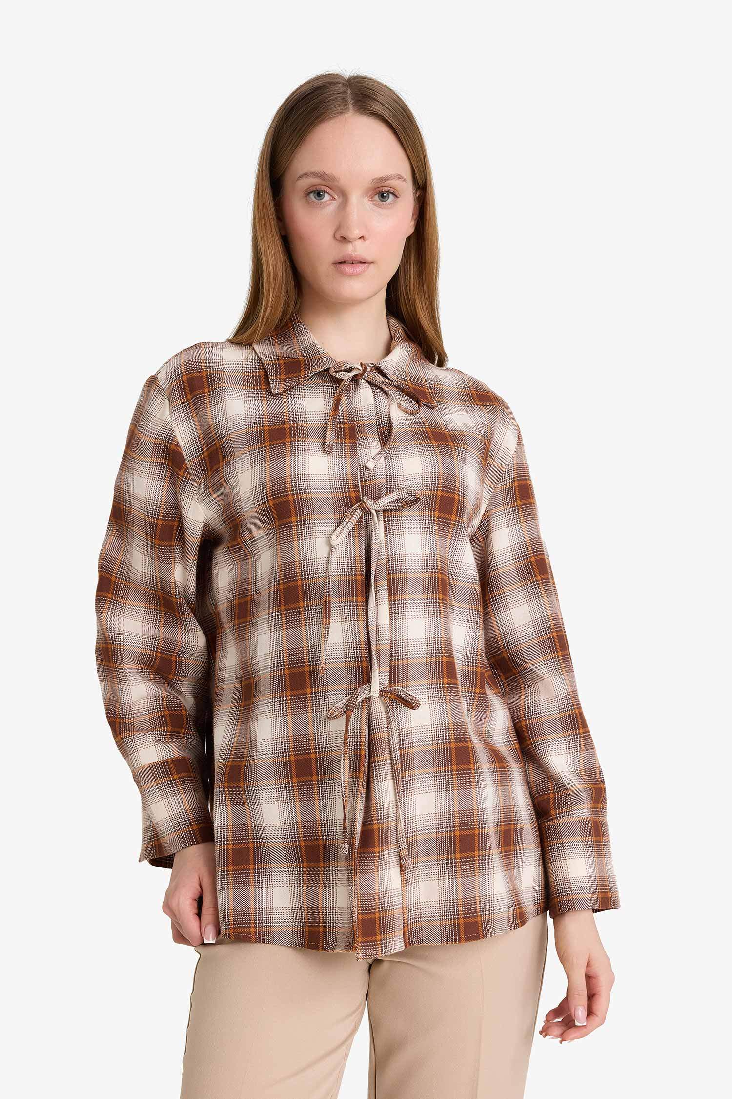 Regular Fit Dama Desenli Flanel Önden Bağlamalı Uzun Kollu Tunik