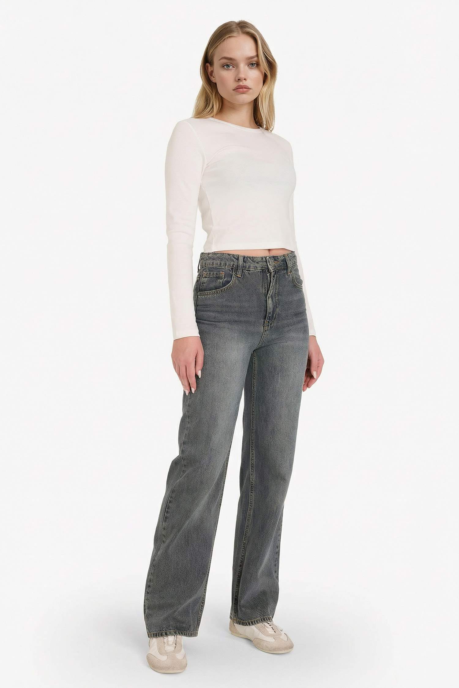 90's Wide Leg Yüksek Bel Uzun Jean Yıkamalı Pantolon