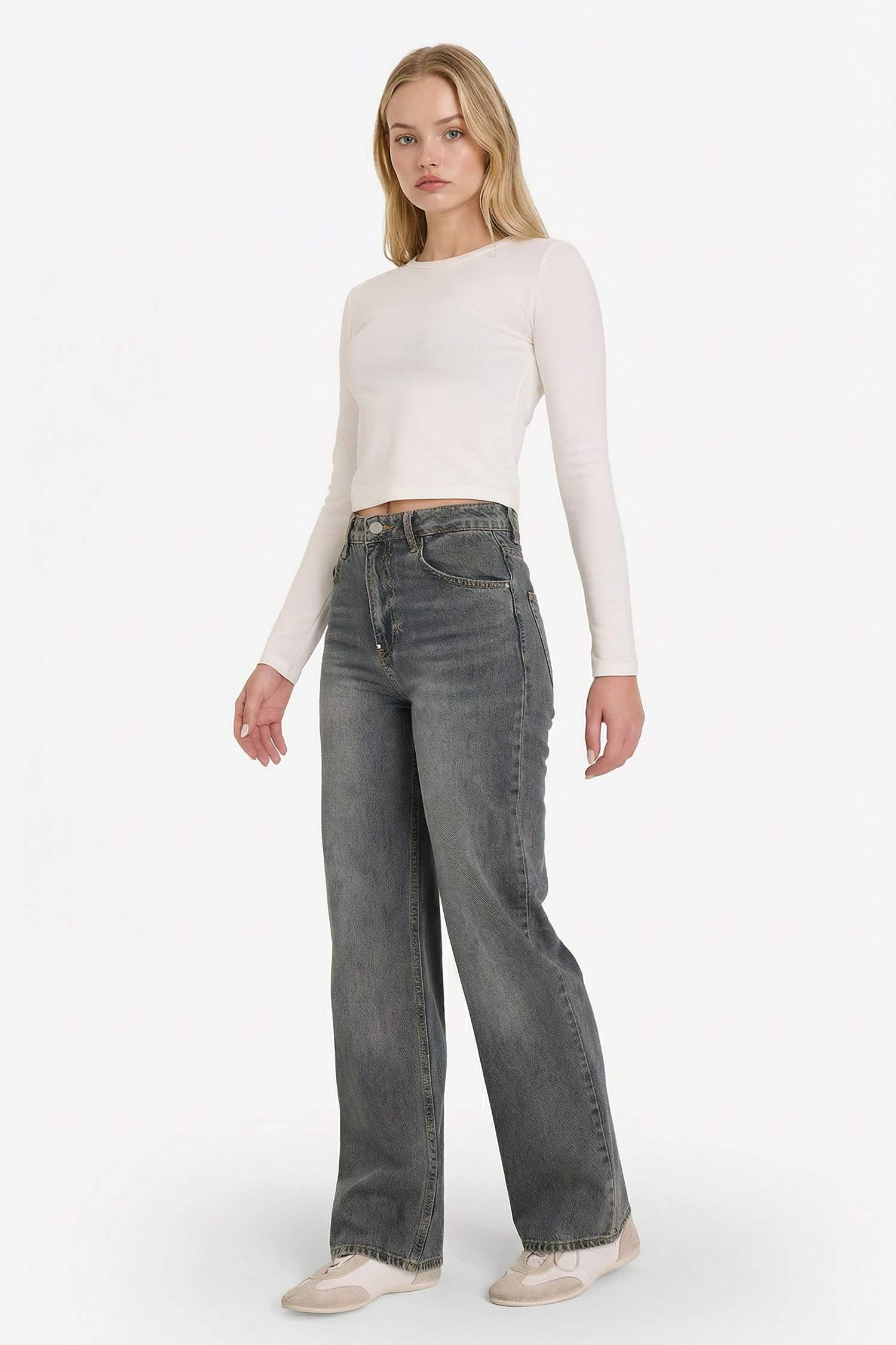 90's Wide Leg Yüksek Bel Uzun Jean Yıkamalı Pantolon