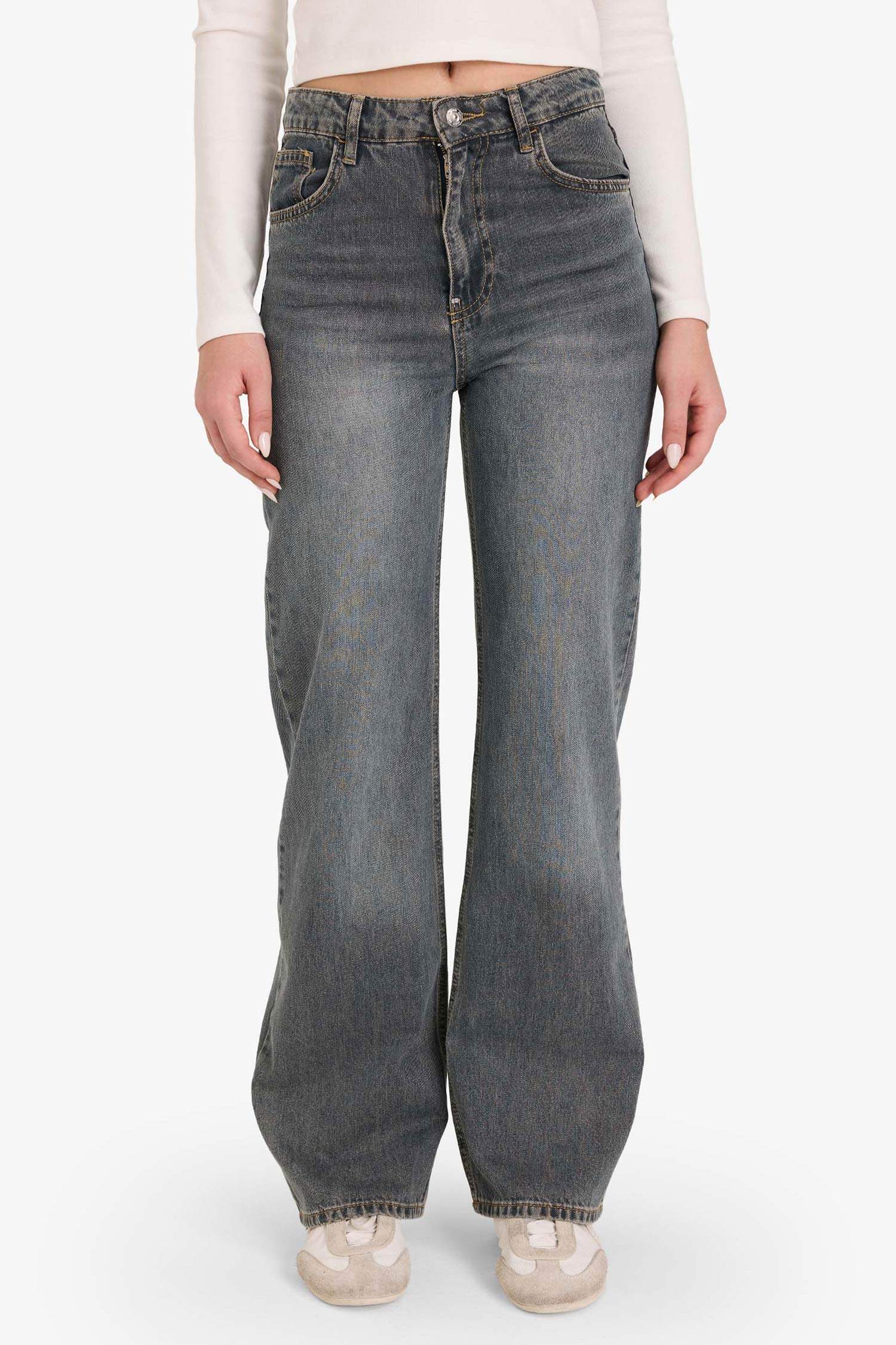 90's Wide Leg Yüksek Bel Uzun Jean Yıkamalı Pantolon