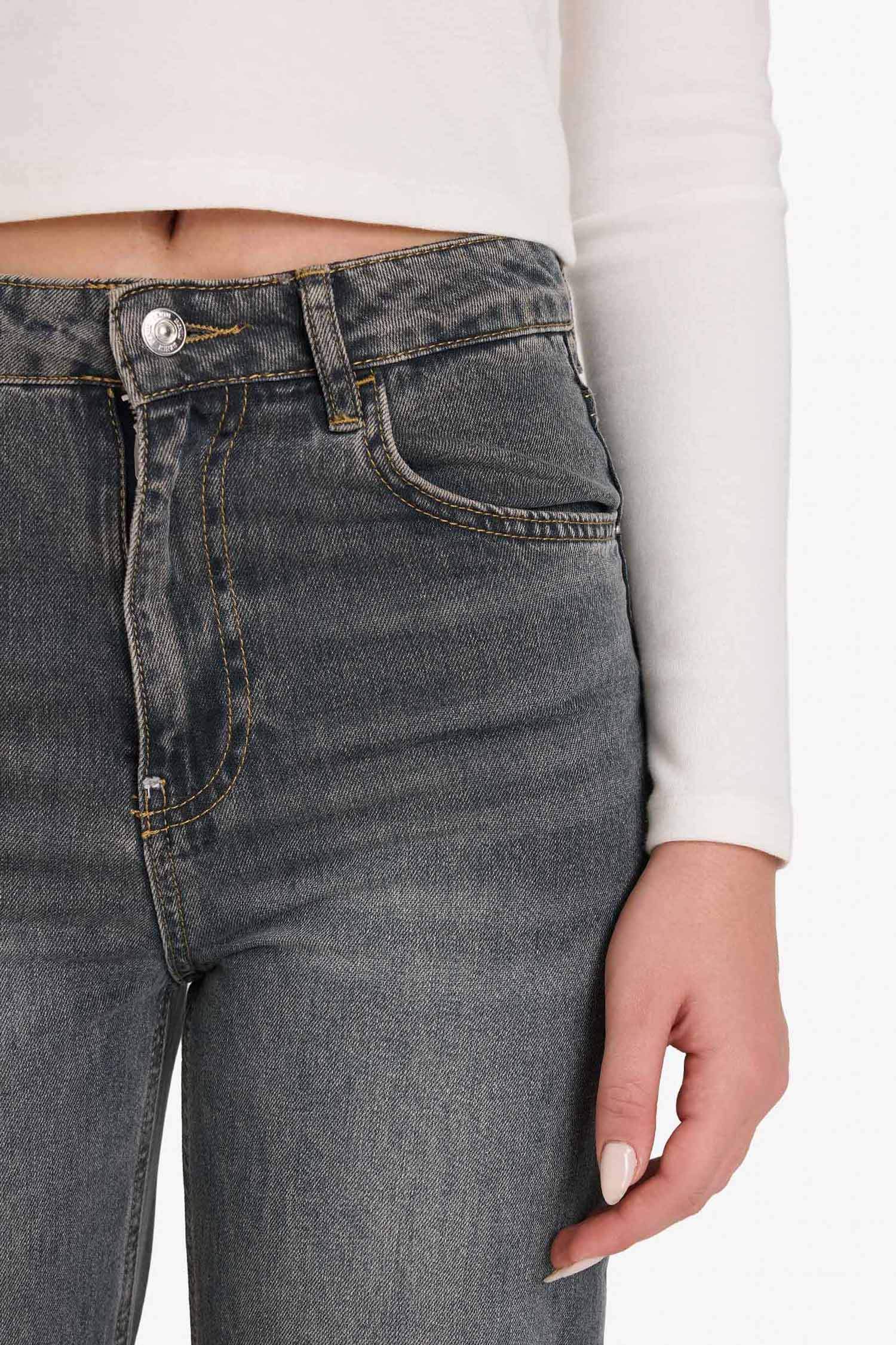 90's Wide Leg Yüksek Bel Uzun Jean Yıkamalı Pantolon