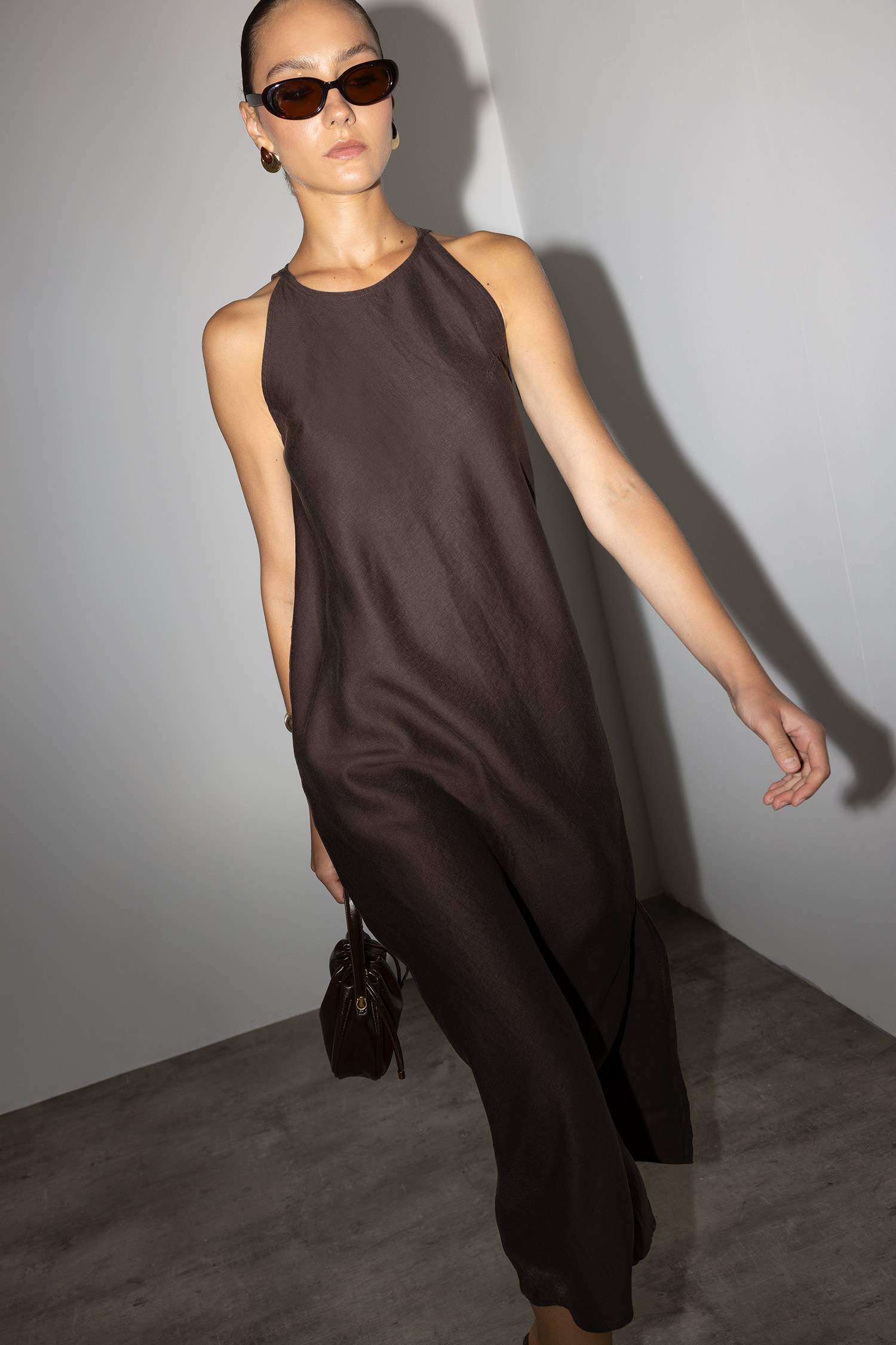 Halter Yaka Keten Kolsuz Maxi Elbise