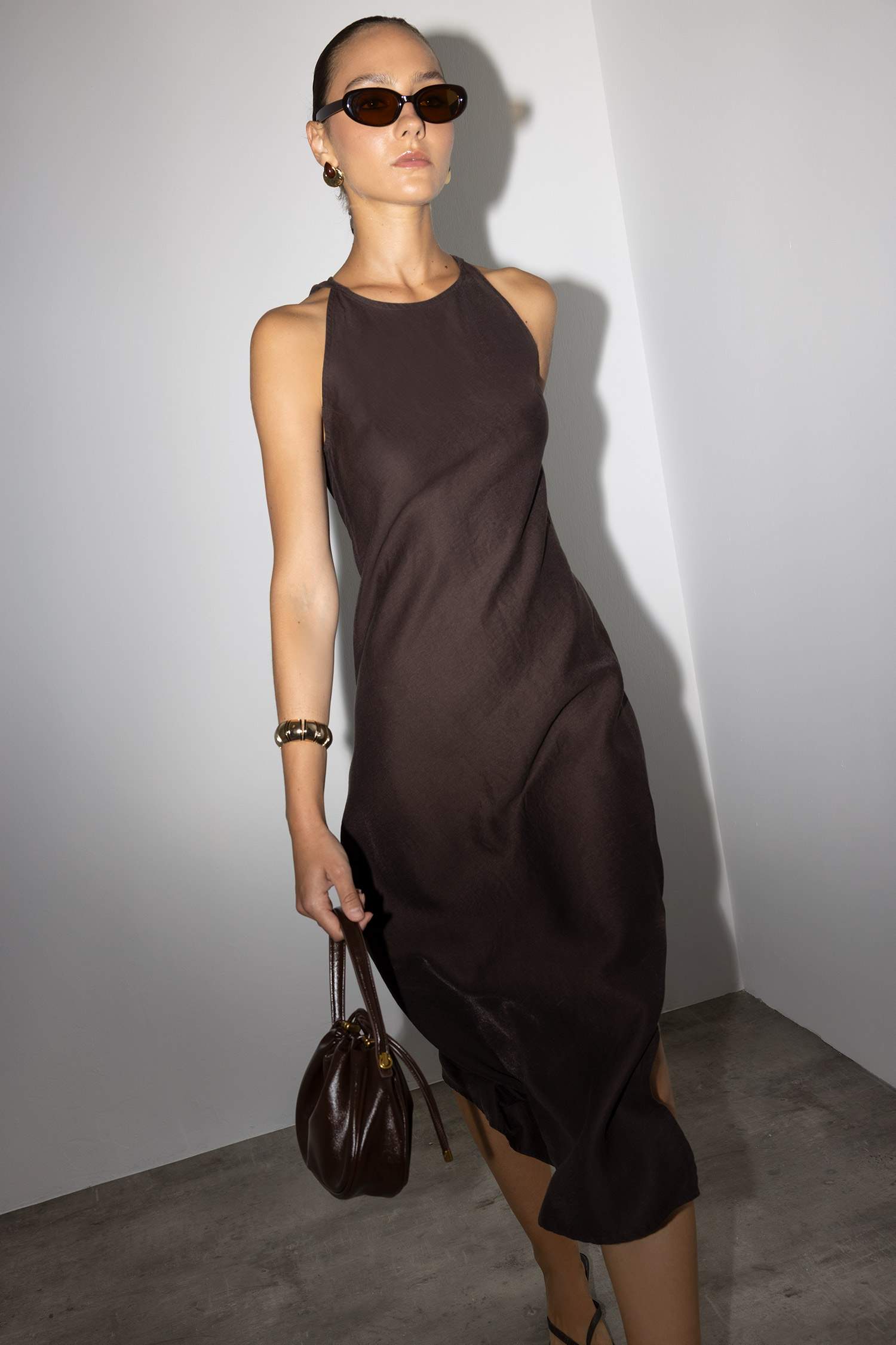 Halter Yaka Keten Kolsuz Maxi Elbise