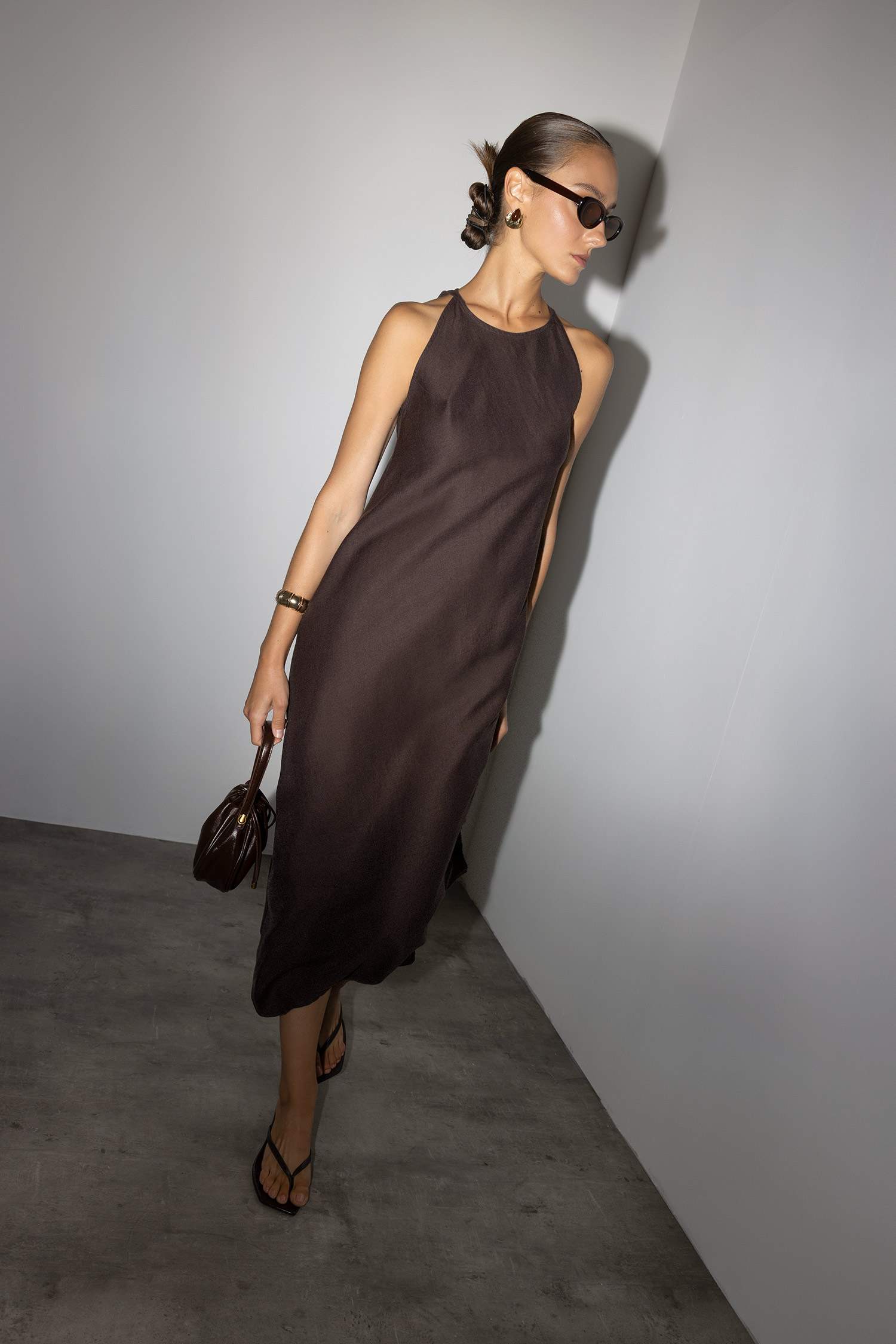 Halter Yaka Keten Kolsuz Maxi Elbise