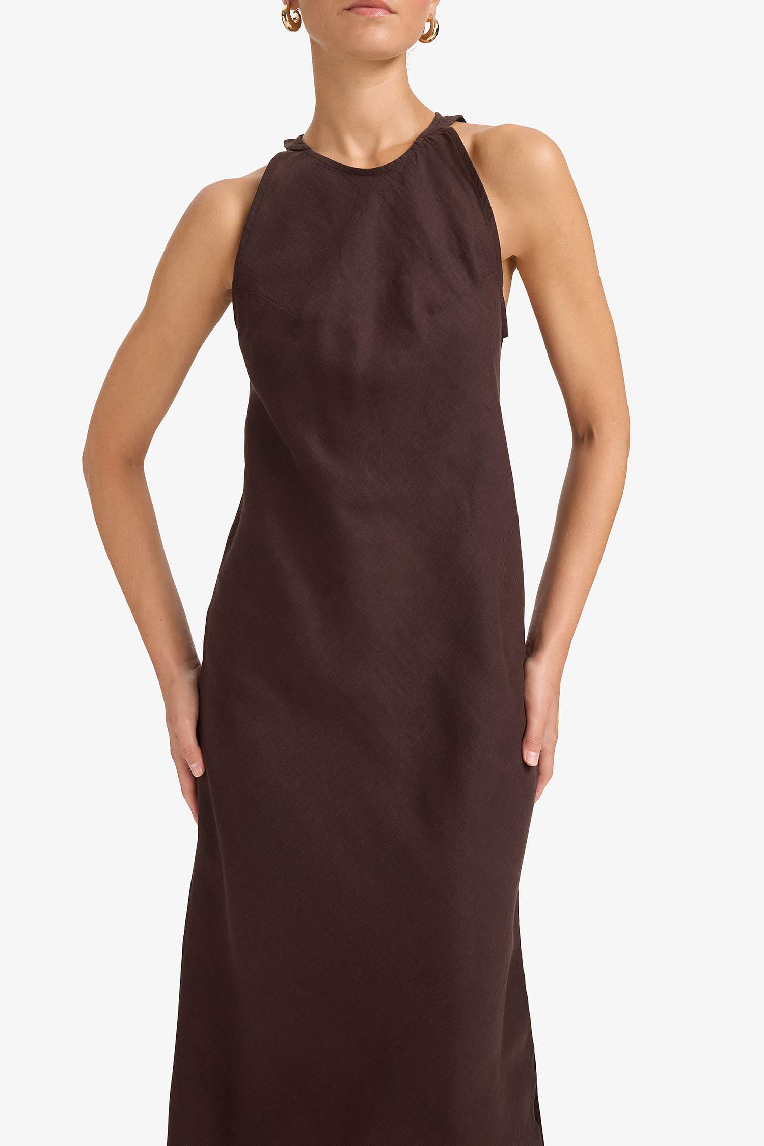 فستان كتان طويل نص كم بياقة مستديرة