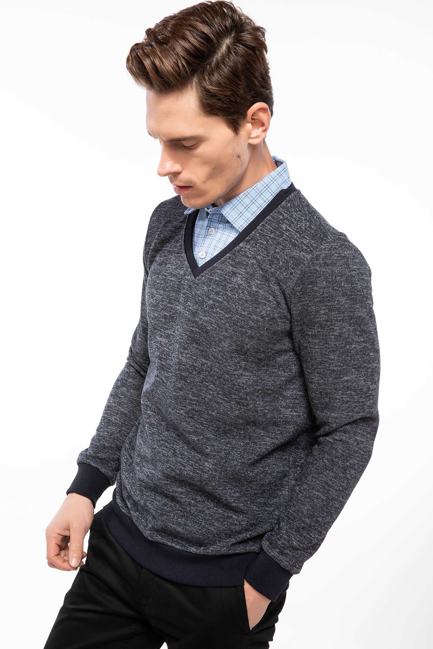 Defacto Gömlek Yakalı Sweatshirt. 3