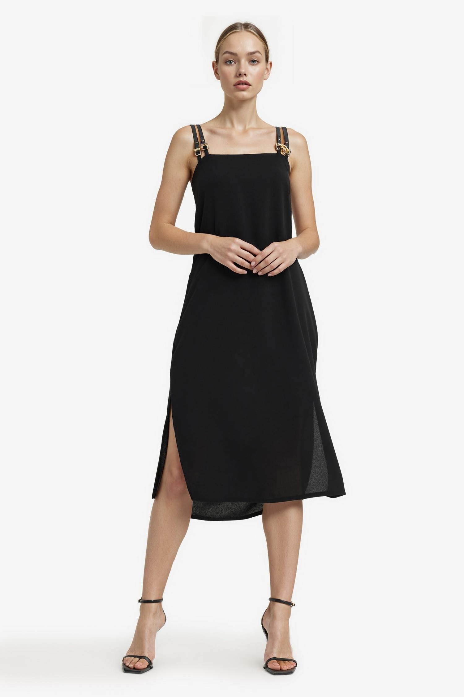 Kare Yaka Krep Kısa Kollu Midi Elbise