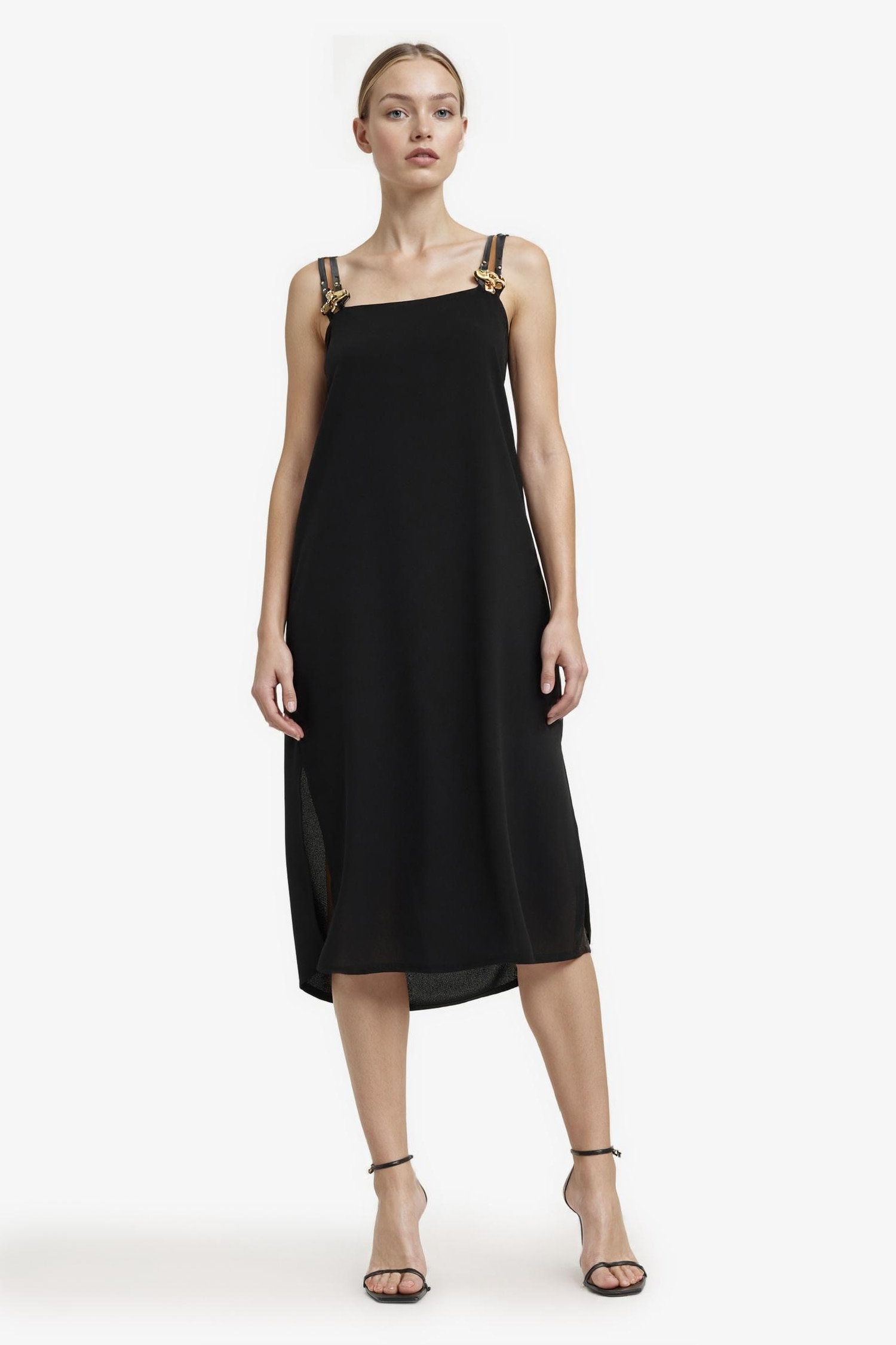 Kare Yaka Krep Kısa Kollu Midi Elbise