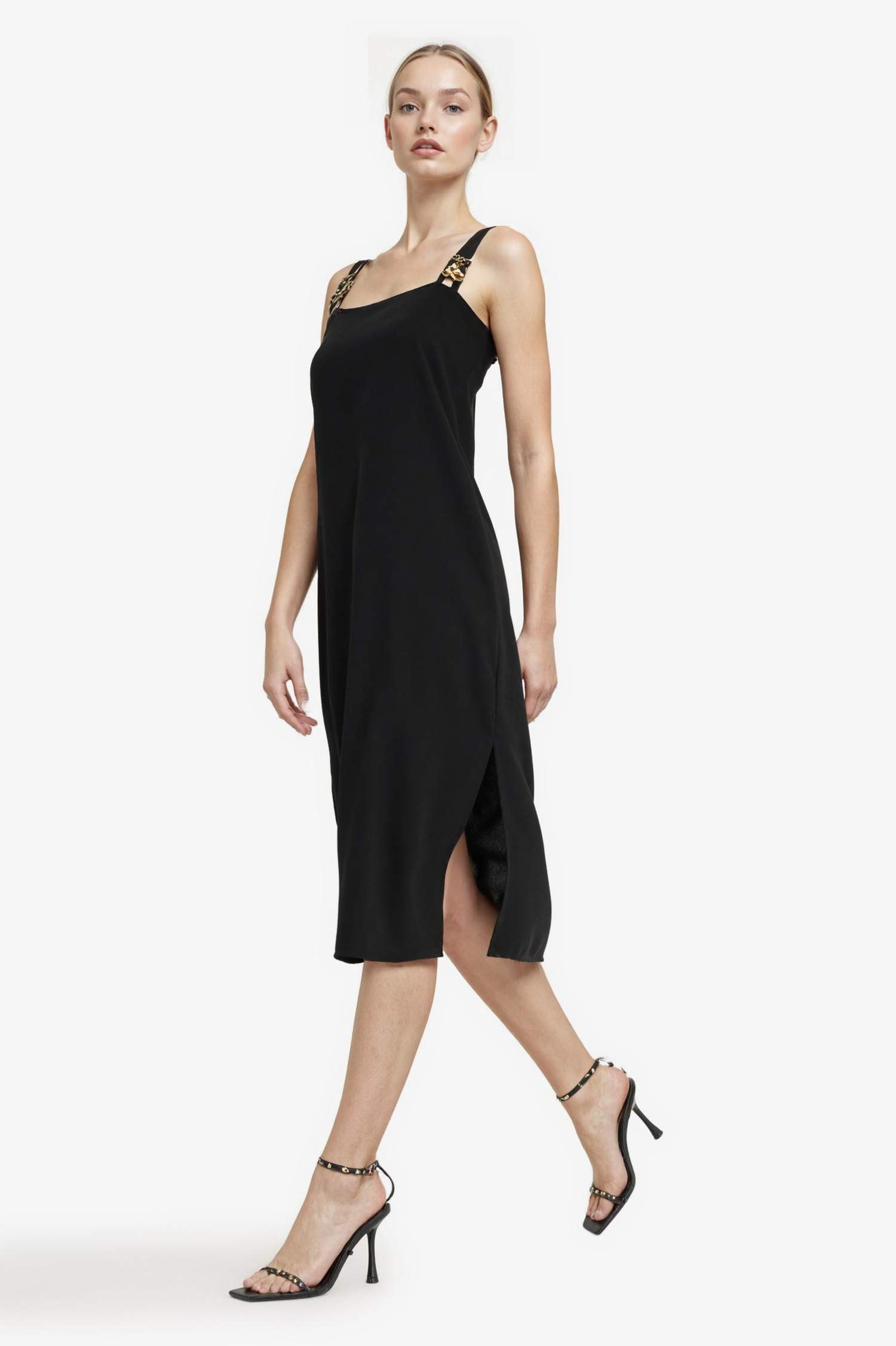 Kare Yaka Krep Kısa Kollu Midi Elbise